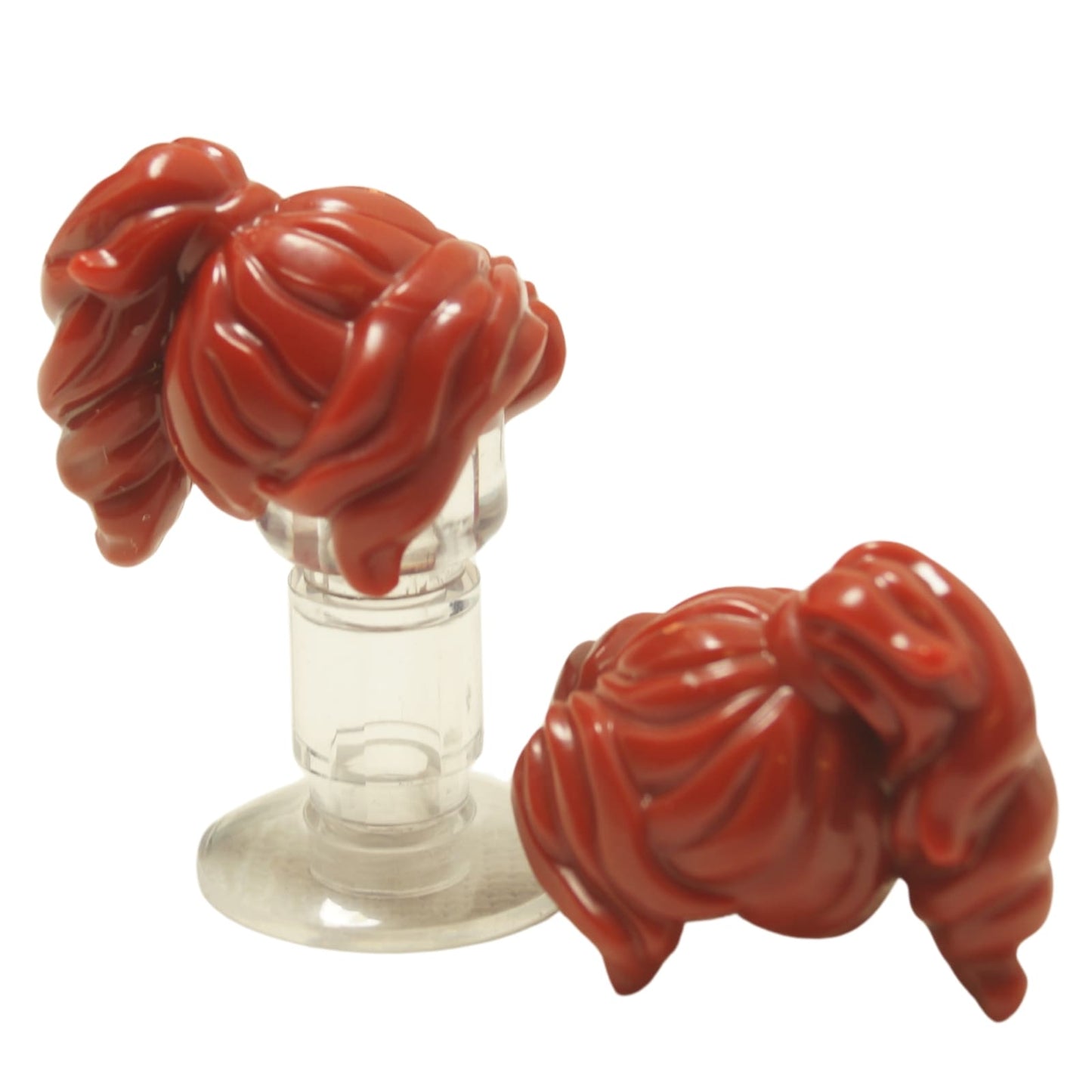 Dark red LEGO® minifigure hair, long wavy with ponytail, part 28432, detailed female hairstyle piece