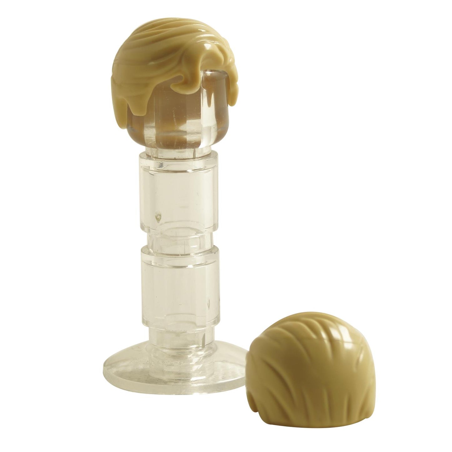 LEGO minifigure hairpiece with a swept-right hairstyle and a front curl, displayed on a clear stand.