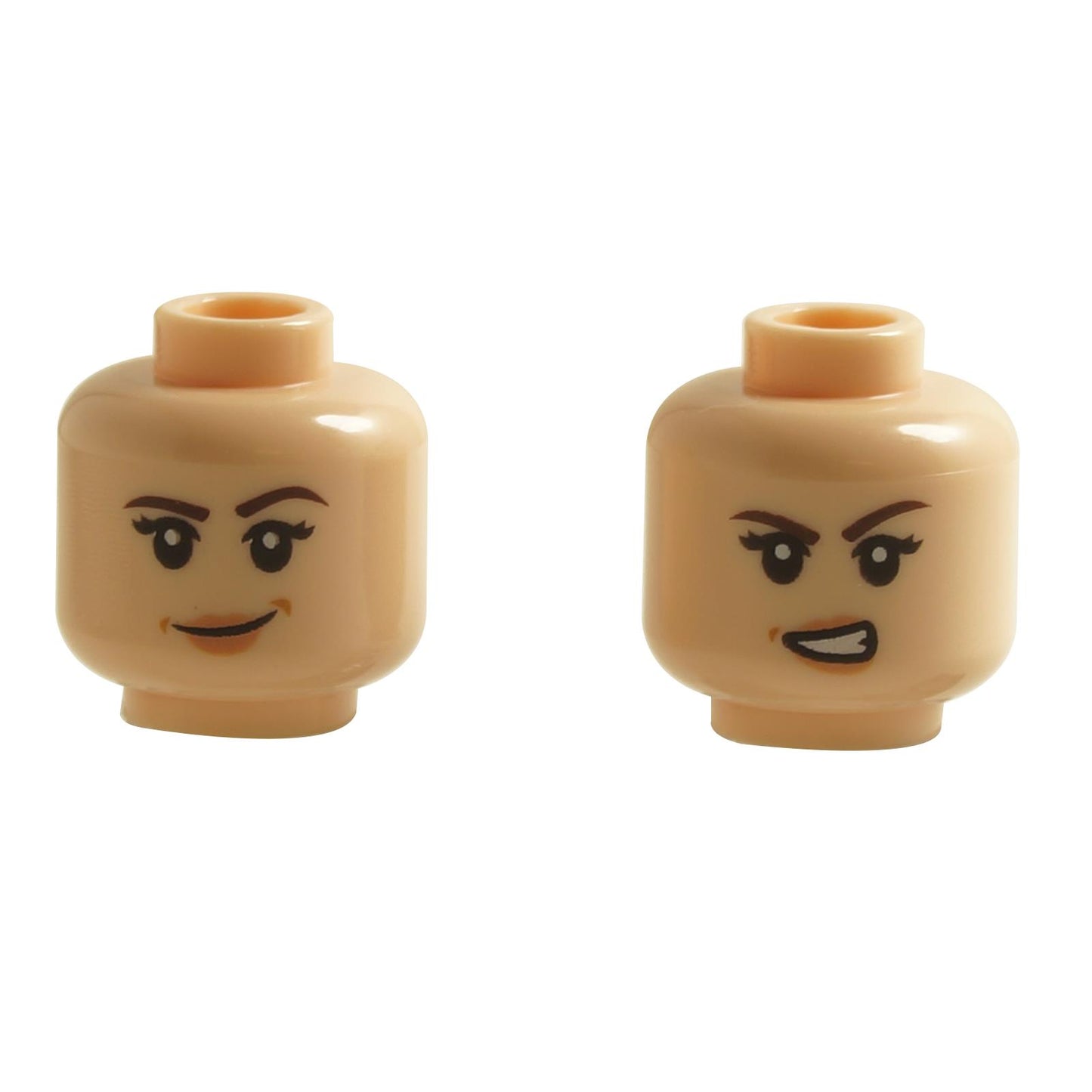 Minifigure head with dual-sided female expressions featuring lopsided grin on one side and scowling face on the other