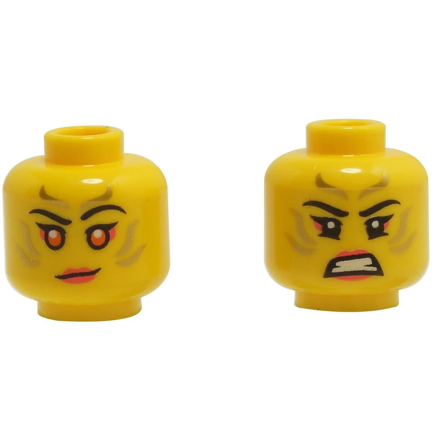Yellow minifigure head with dual-sided fierce warrior expressions, one calm with red eyes and one angry shouting face