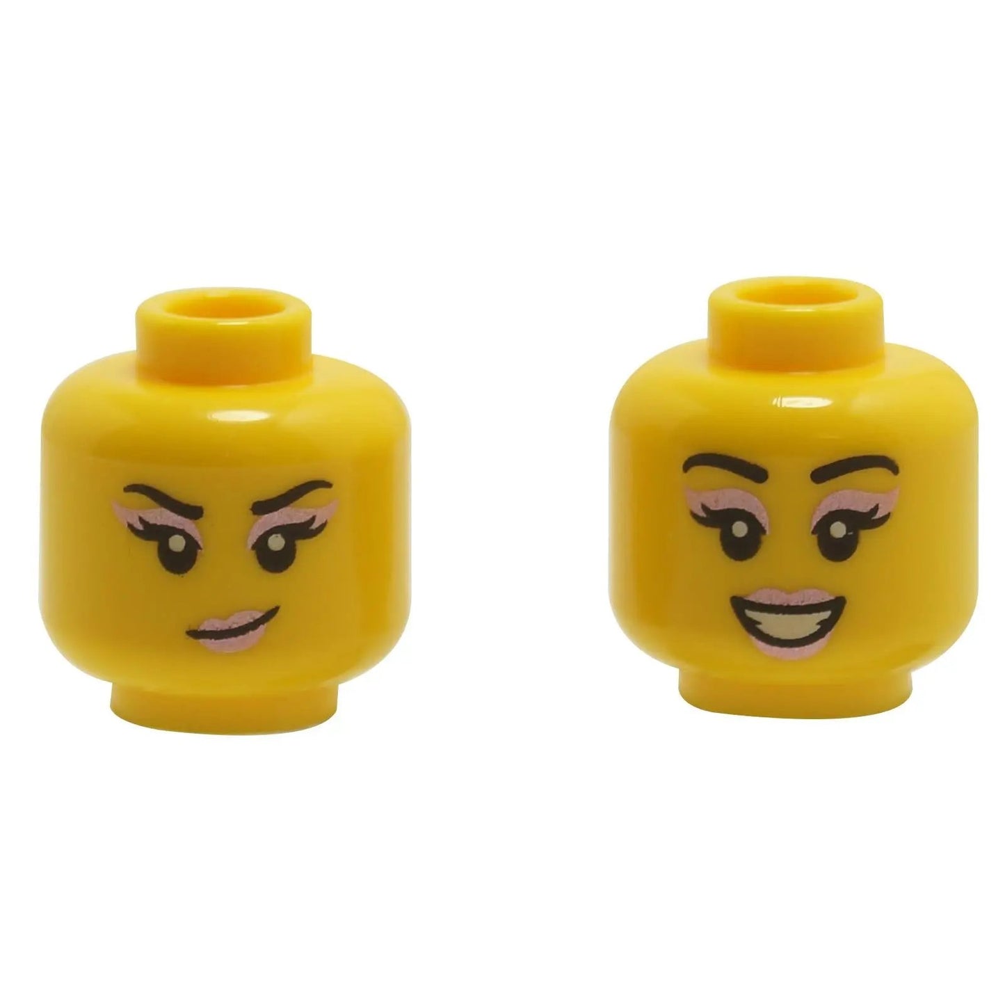 Yellow minifigure head with dual-sided female expressions, pink eyeshadow and smiling face prints