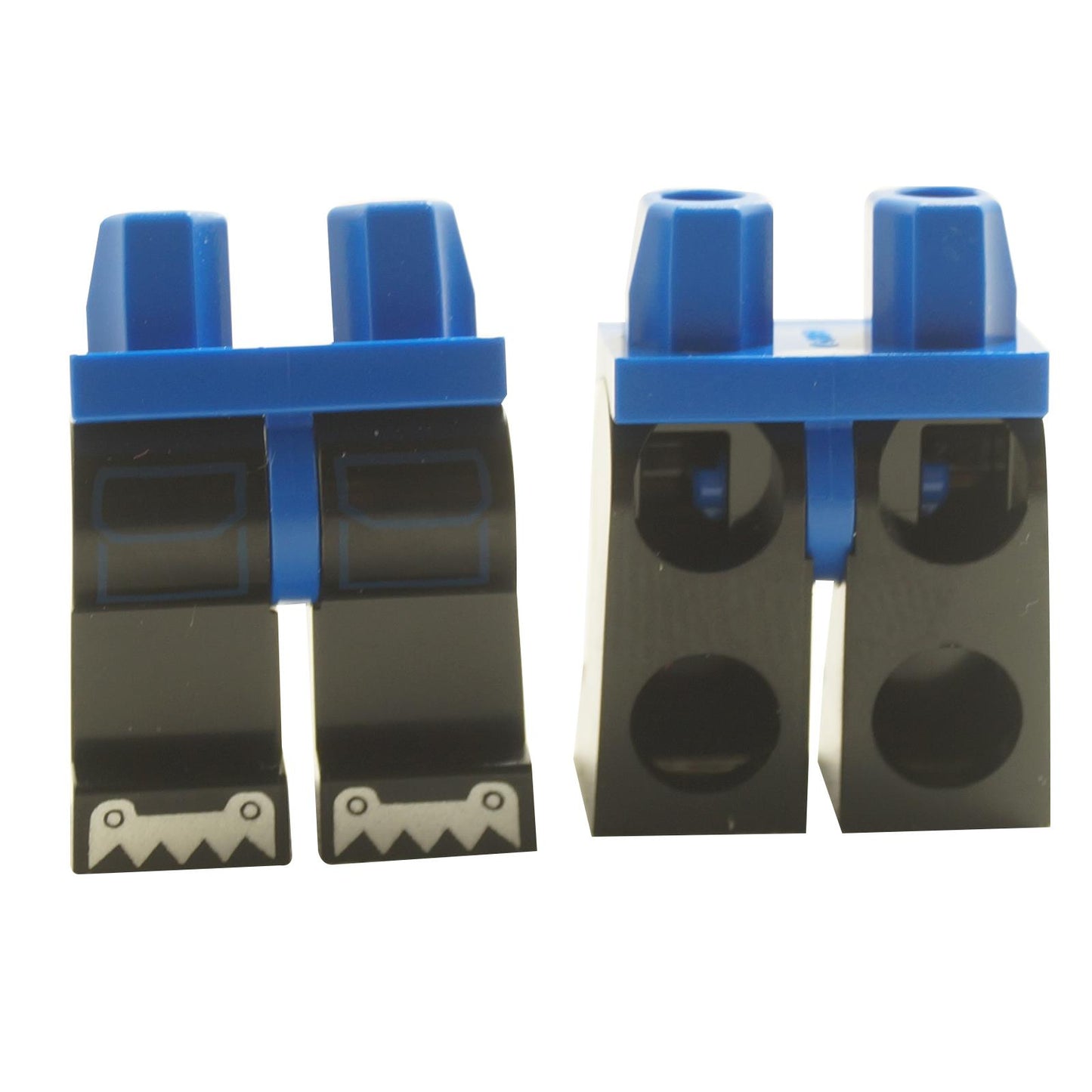 LEGO hips and legs with dark blue pockets and silver ice cleats on the toes.