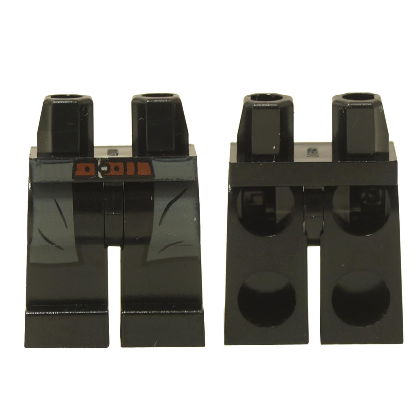 Black minifigure legs with gray coattails and reddish brown belt print, front and back view