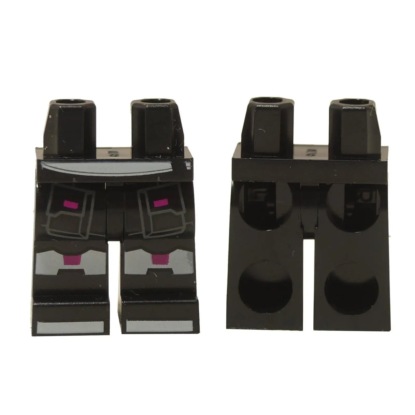 Piernas de minifigura Negro con banda blanca, bolsillos grises y estampado de ribete magenta, vista frontal y trasera