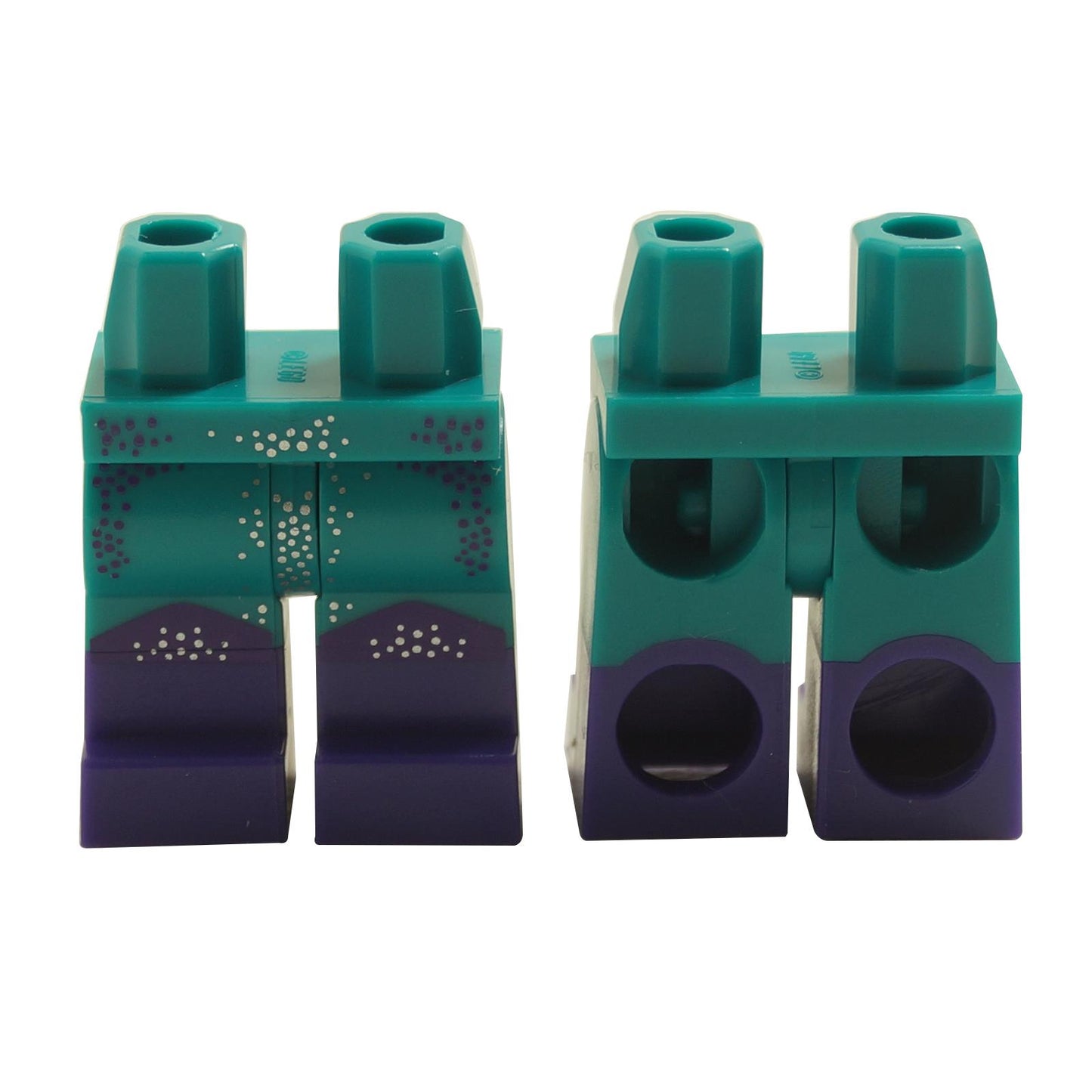 Dark turquoise LEGO minifigure legs with dark purple boots and a silver and dark purple dot pattern.