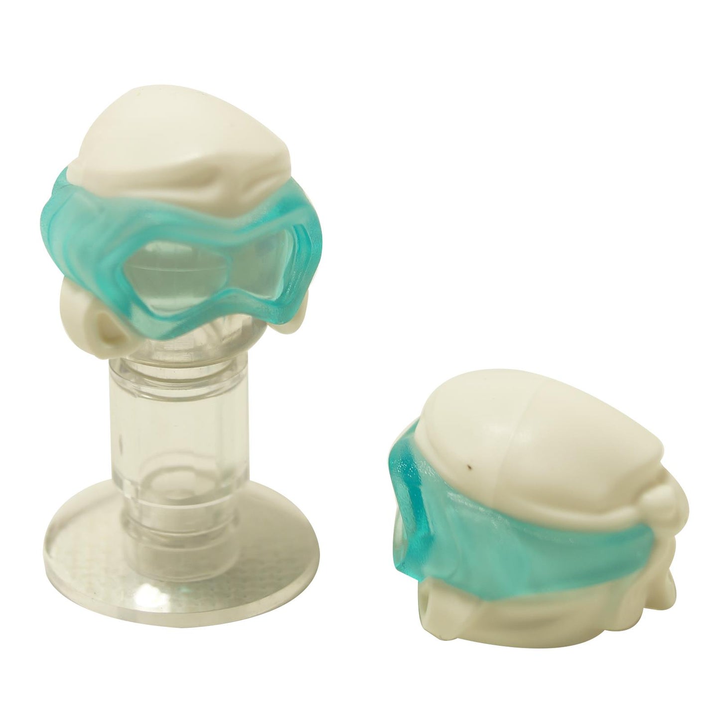 Minifigura Ninjago envoltura de cabeza tipo 8 con patrón de máscara de buceador en azul claro translúcido, mostrado de frente y de lado