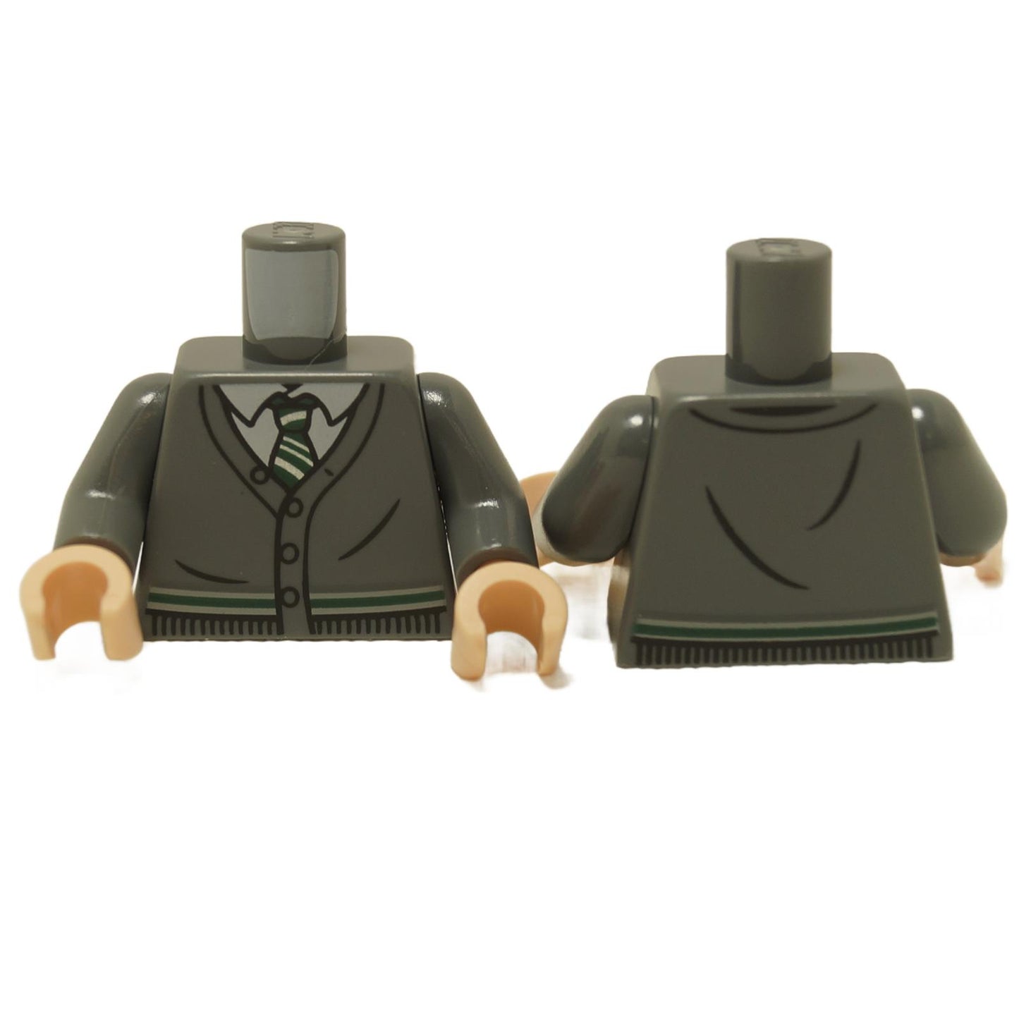 LEGO minifigure torso with a cardigan sweater featuring the Slytherin house colors and crest, with a dark gray body and light nougat hands.