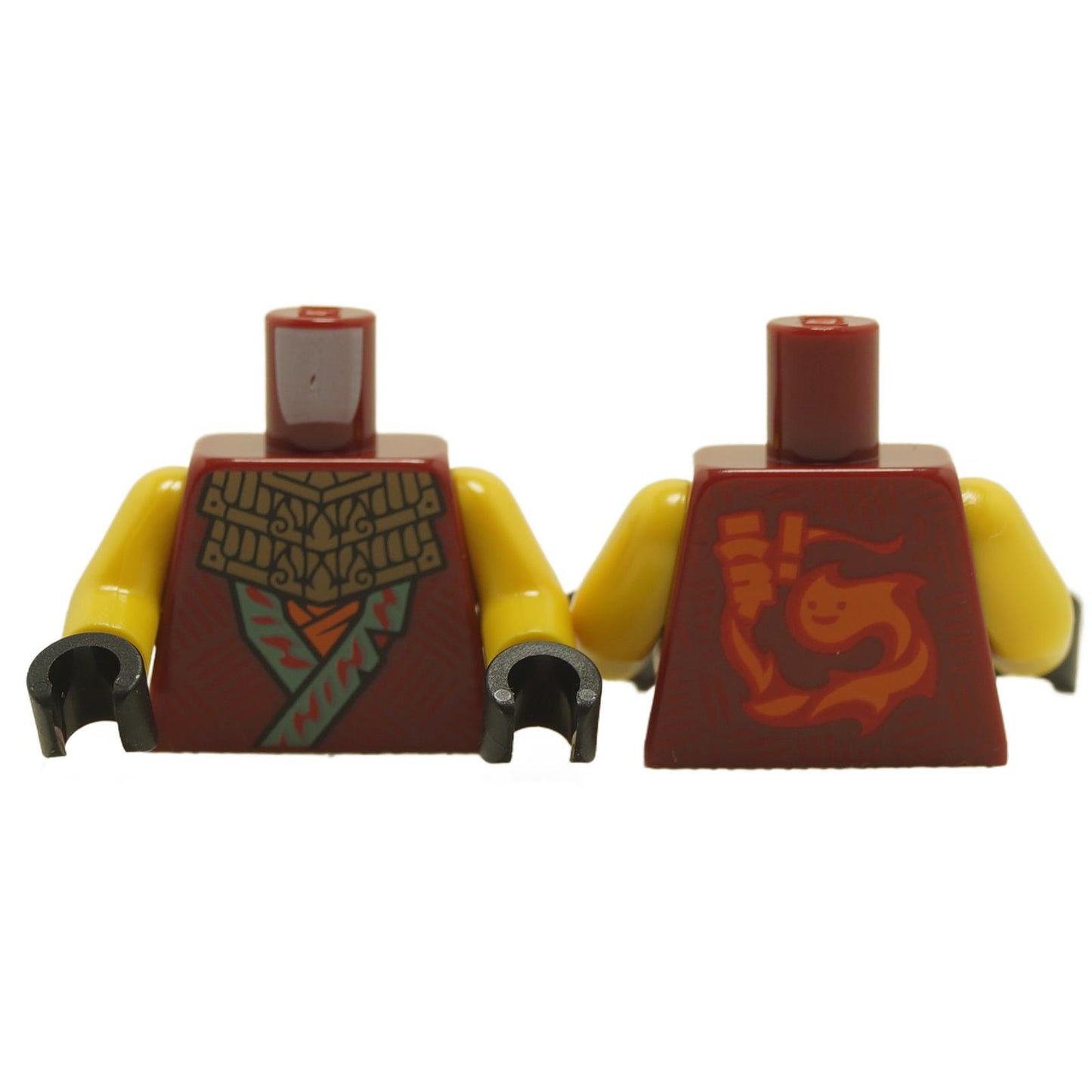 Dark red LEGO torso with a detailed ninja robe pattern, featuring the Ninjago logogram 'WF!' and flame logo on back
