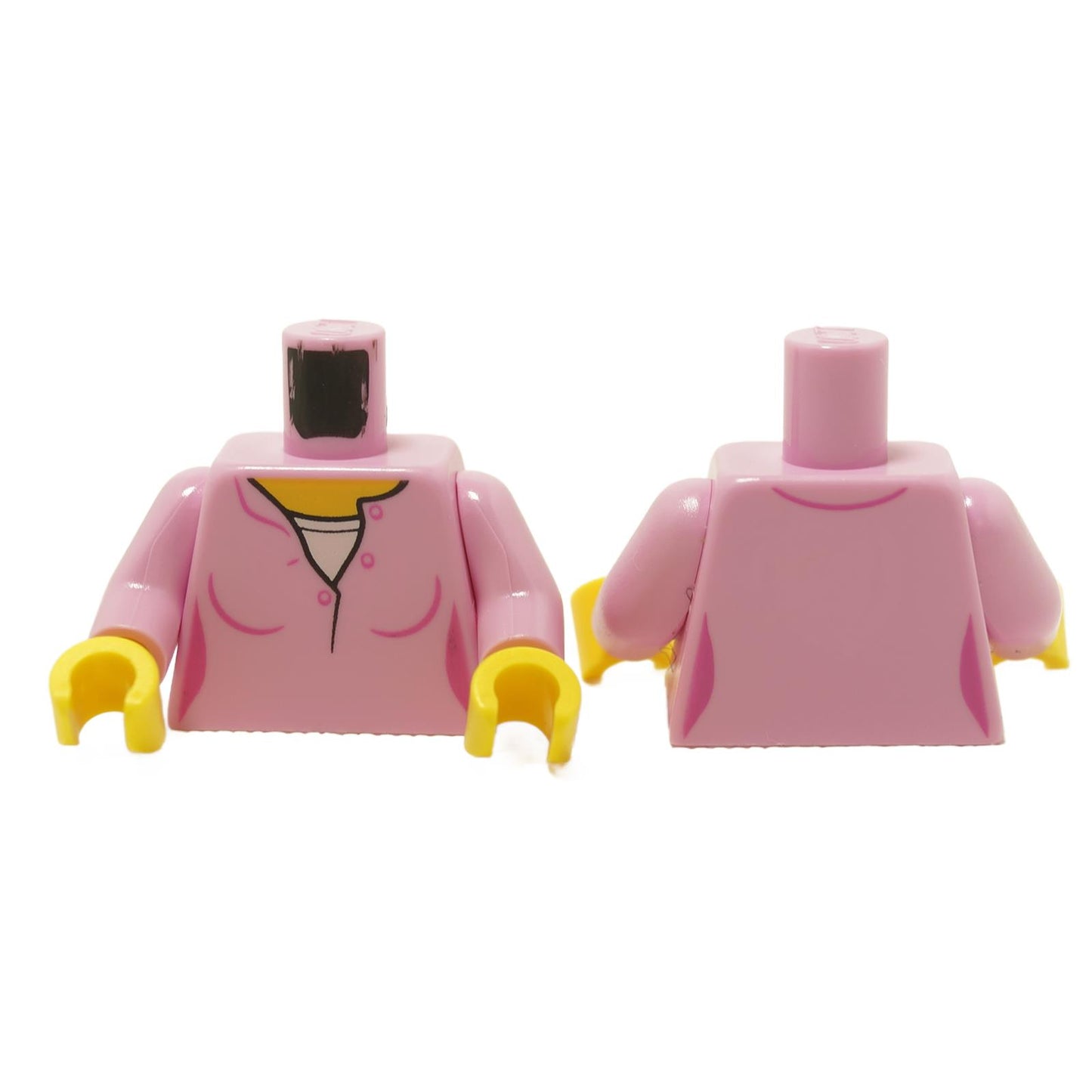 LEGO female minifigure torso in bright pink with a yellow neck and white undershirt pattern, including arms in yellow.