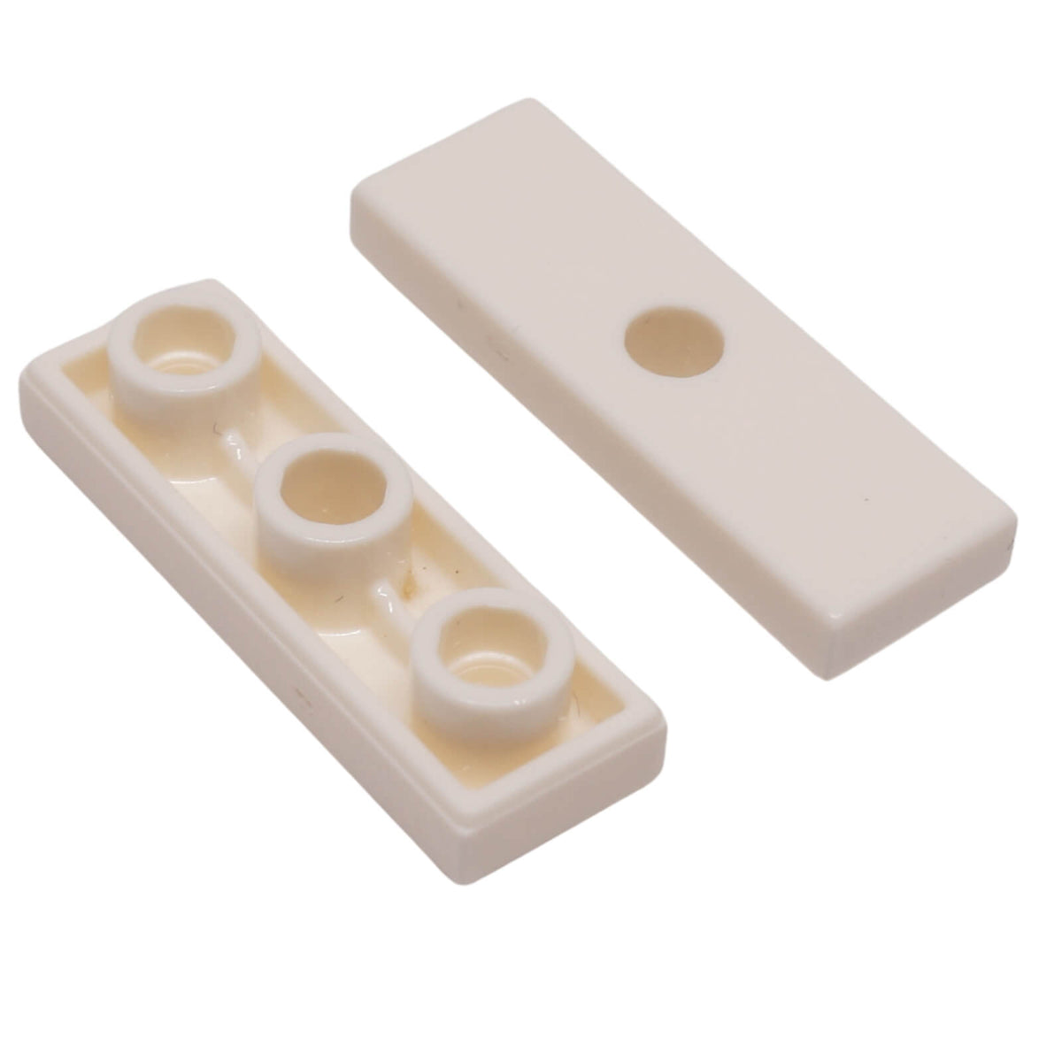White LEGO® Modified Tile 1 x 3 part 35459 shown from the top and underside with smooth surface, round hole and recessed connection details
