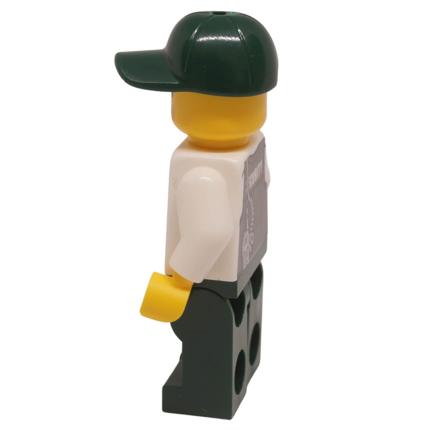 LEGO City Mountain Police Armored Truck Driver minifigure cty0836 in a dark gray tactical vest with an ID badge and a dark green cap, side view.