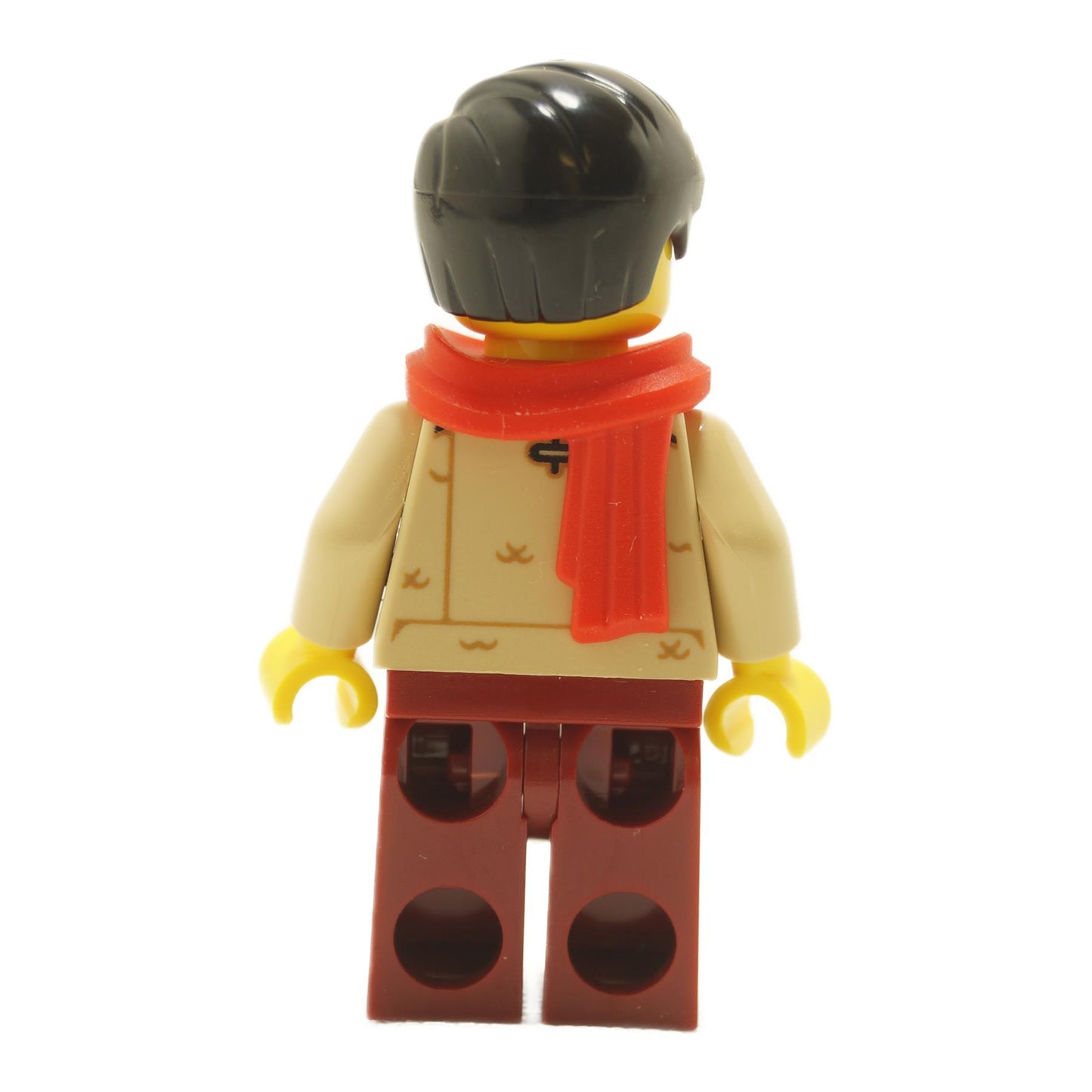 Back view of LEGO® Mr. Tang minifigure mk146 showing tan jacket torso with back printing and black legs
