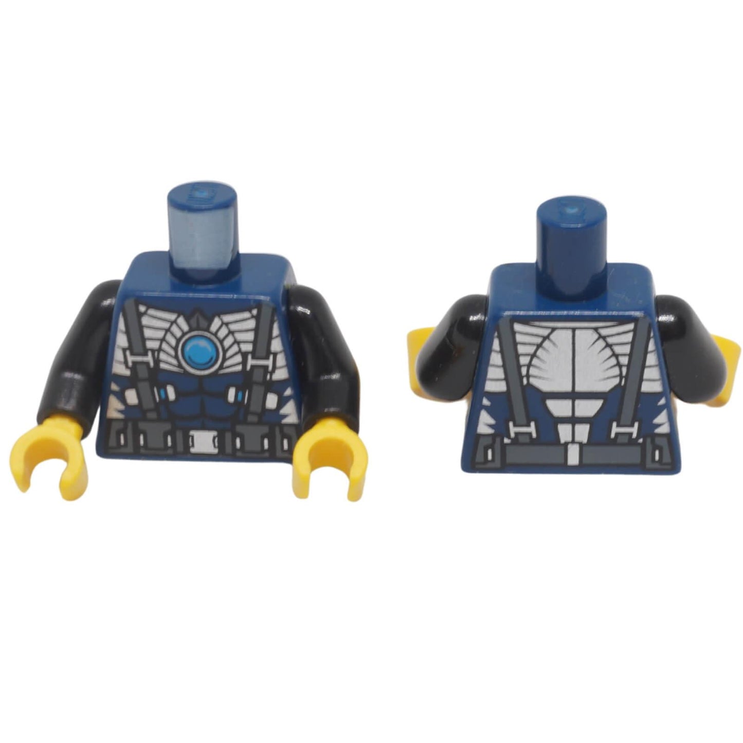 LEGO® muscled minifigure torso 973pb1370c01 with silver armour, blue Chi emblem and matching back print shown from front and back