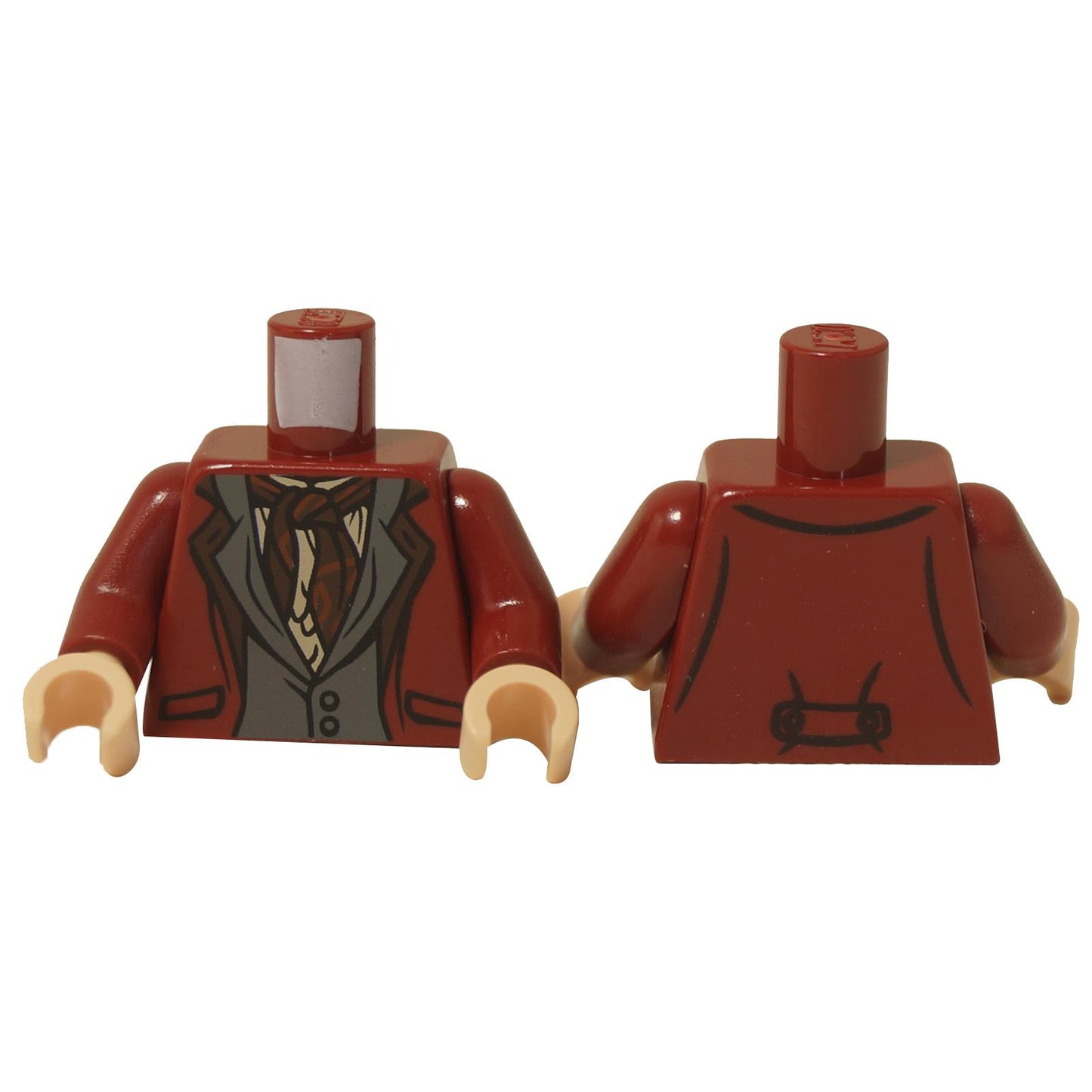 Front and back view of LEGO® Torso for Neville Longbottom™ (973pb4036c01), showing a dark red jacket over a gray vest and patterned scarf.