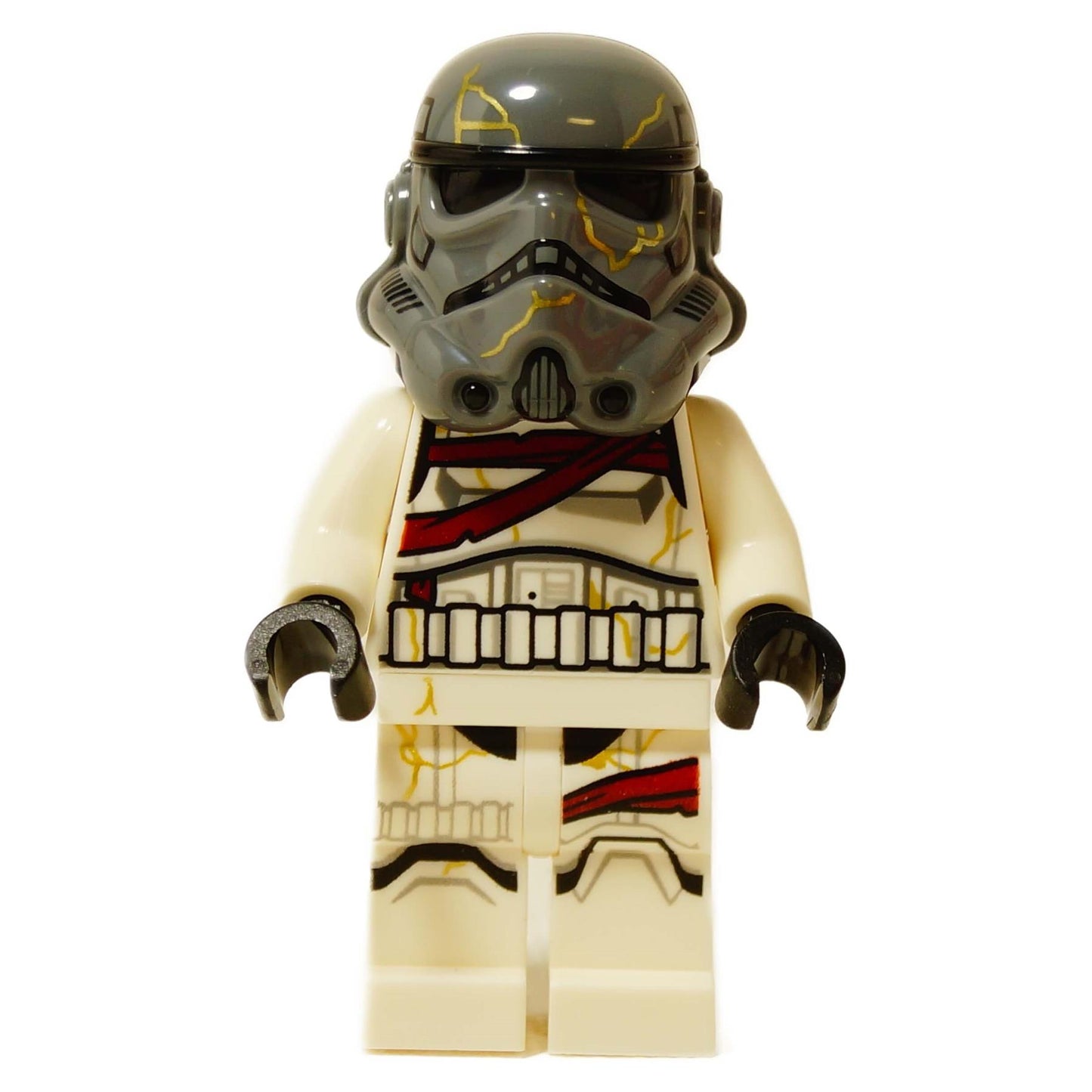 Minifigura de Night Trooper de la serie Ahsoka con casco oscuro y armadura blanca agrietada, vista frontal