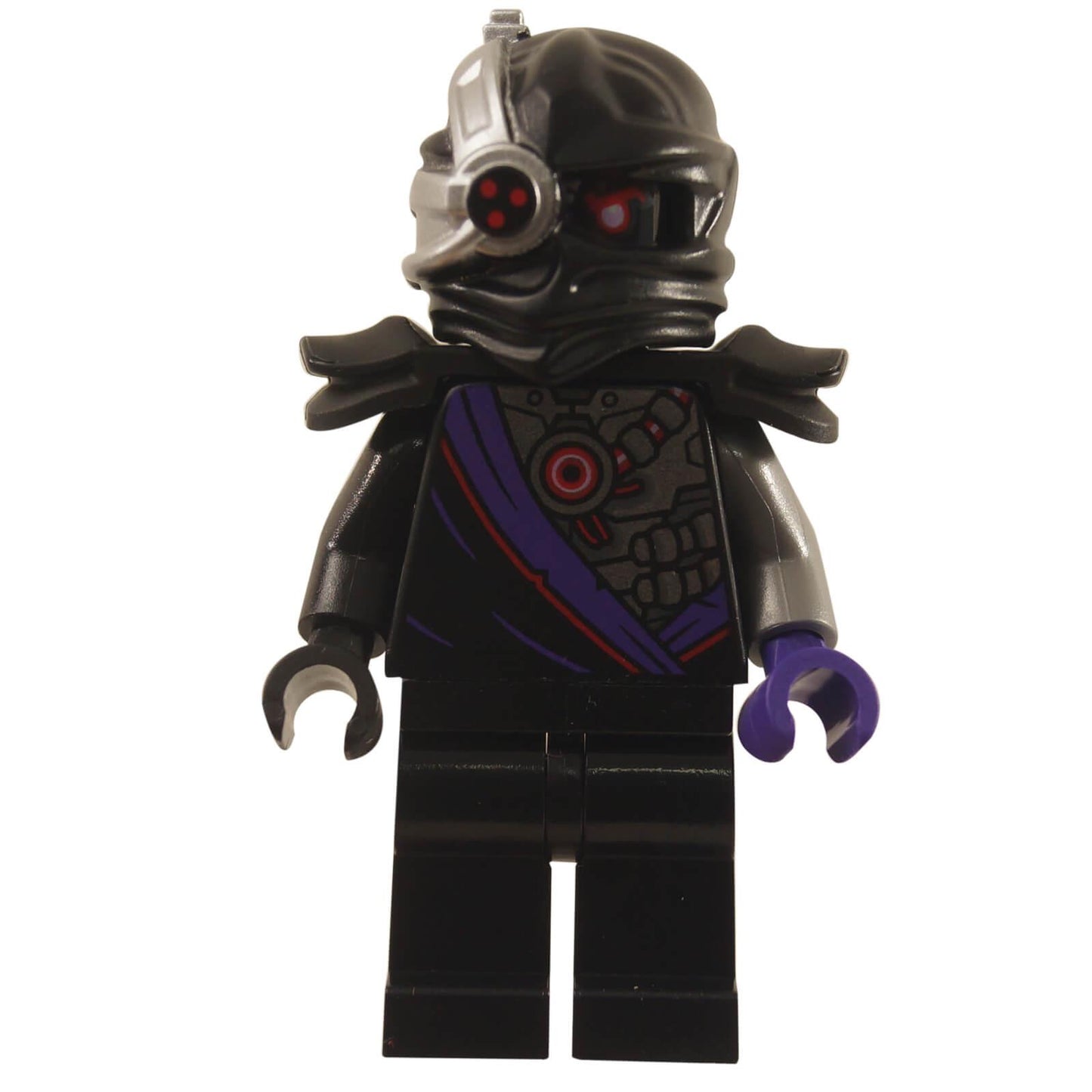 LEGO Nindroid Warrior Legacy minifigure with black shoulder pads, a cybernetic face, and detailed torso print, predominantly in black, gray, and purple colors.