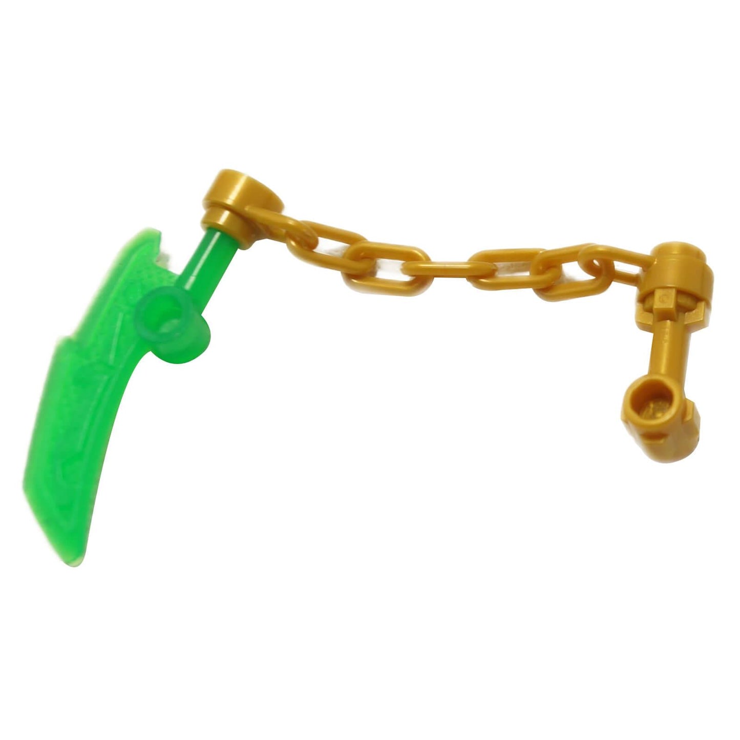 Arma de LEGO Ninjago Jade Blade con una hoja verde translúcida y una cadena dorada de 5 eslabones.