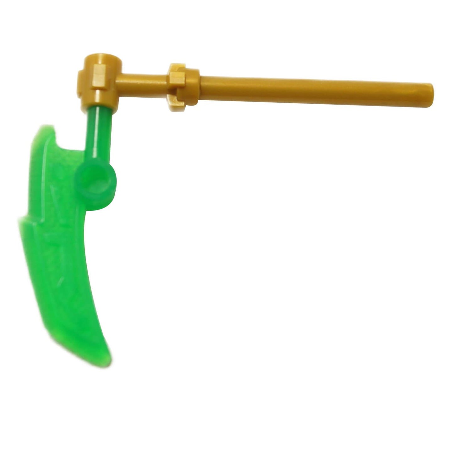 Arma LEGO Ninjago Jade Blade con una hoja verde translúcida unida a una varilla dorada de 3L.