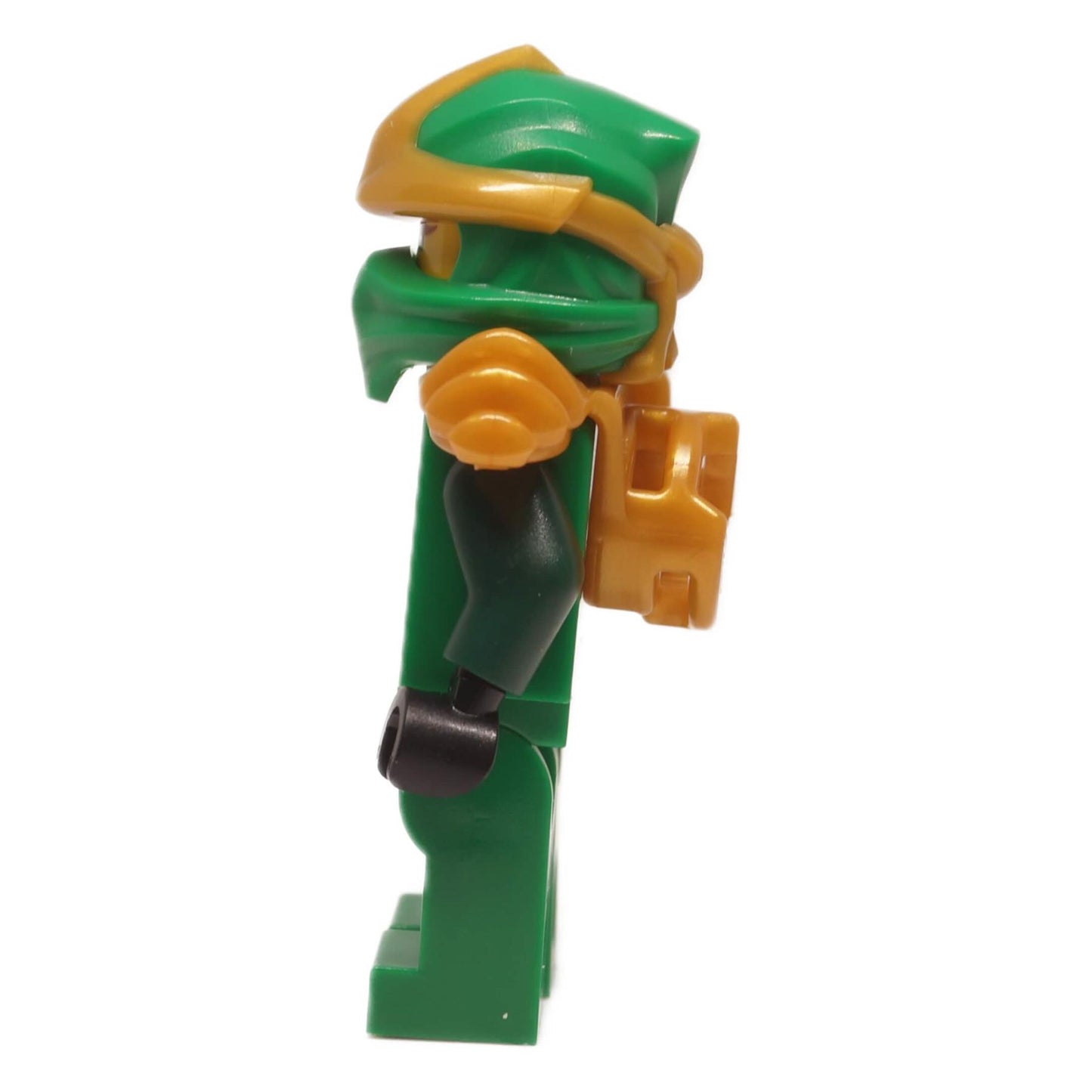 Lloyd ZX minifigure njo1005 left side view showing helmet profile, gold shoulder armor, and green arm
