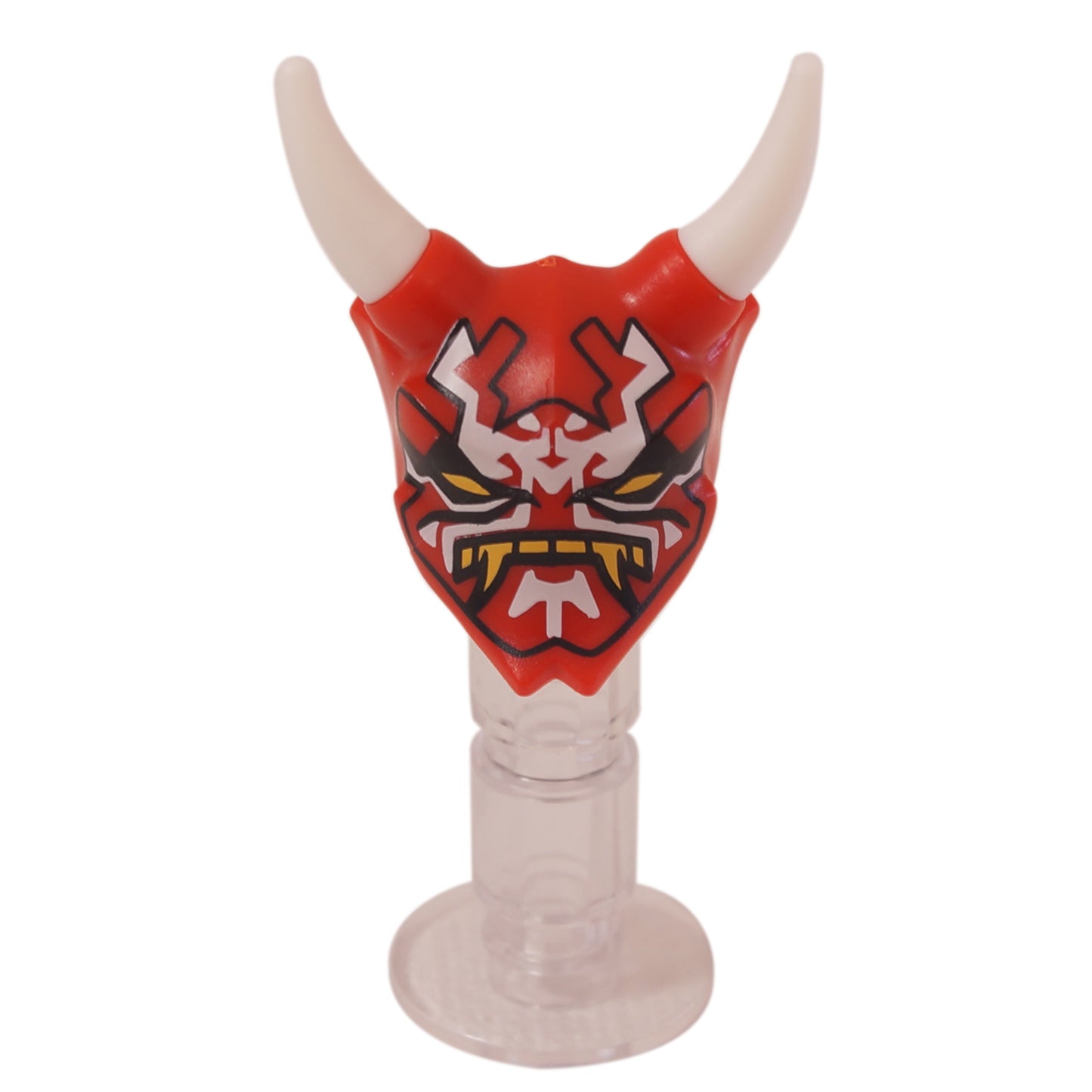 Ninjago Mask of Vengeance in red with white horns and aggressive yellow and white facial printing.