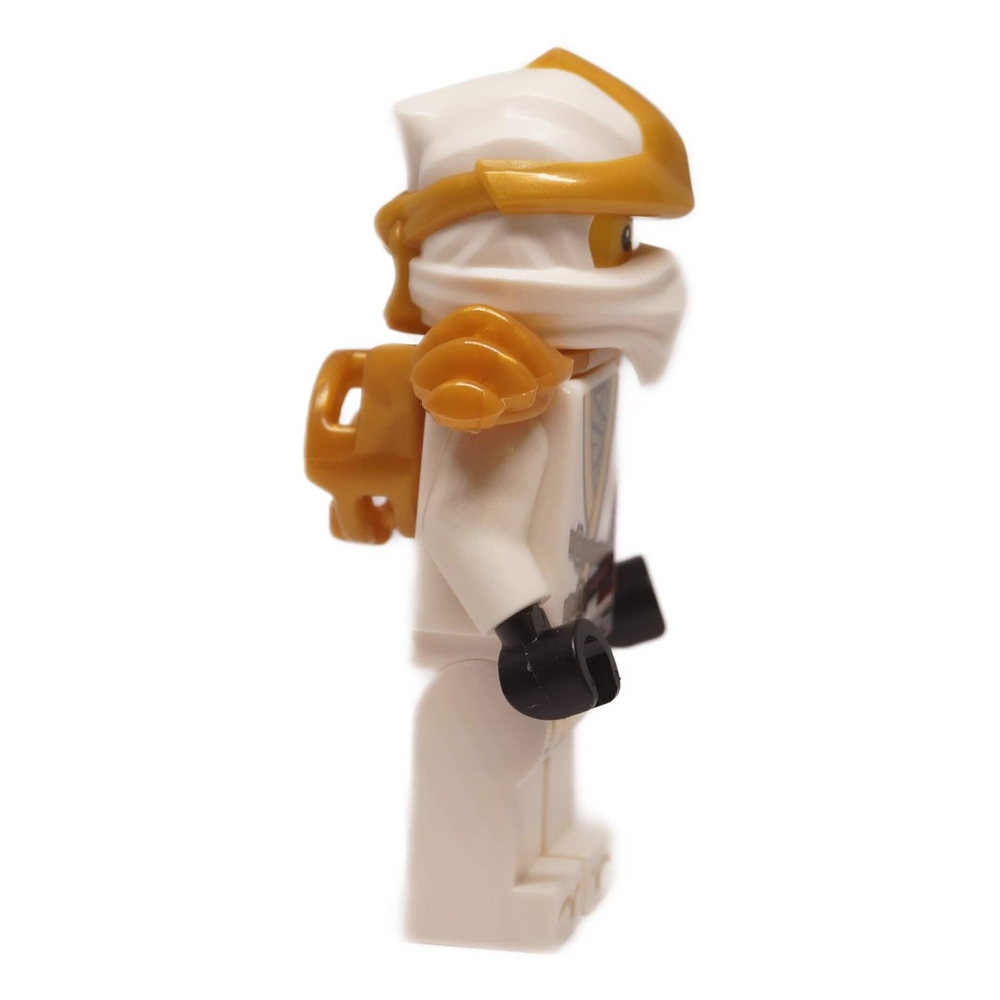 Zane ZX minifigure njo1003 right side view showing gold shoulder armor, helmet details, and white leg