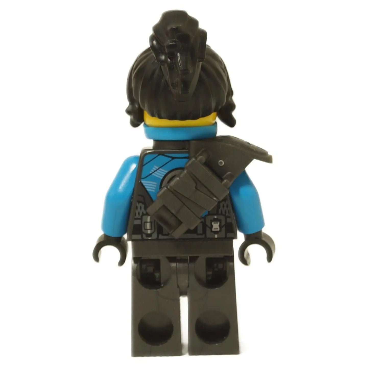 LEGO® Nya The Island minifigure back view with black shoulder armor and detailed blue ninja outfit print close-up