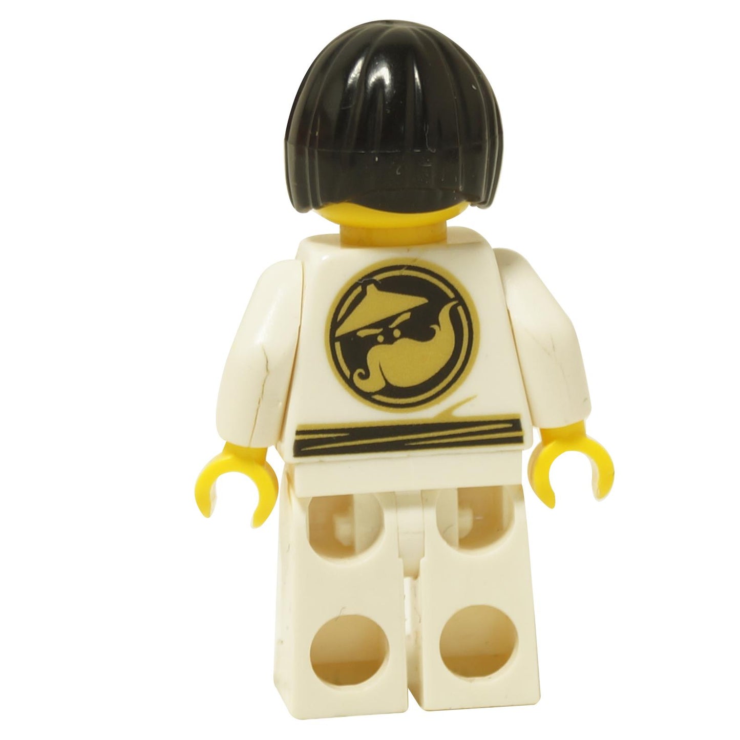 LEGO® Nya minifigure back view wearing white Wu-Cru training gi with black bob cut hair and printed back detail close-up