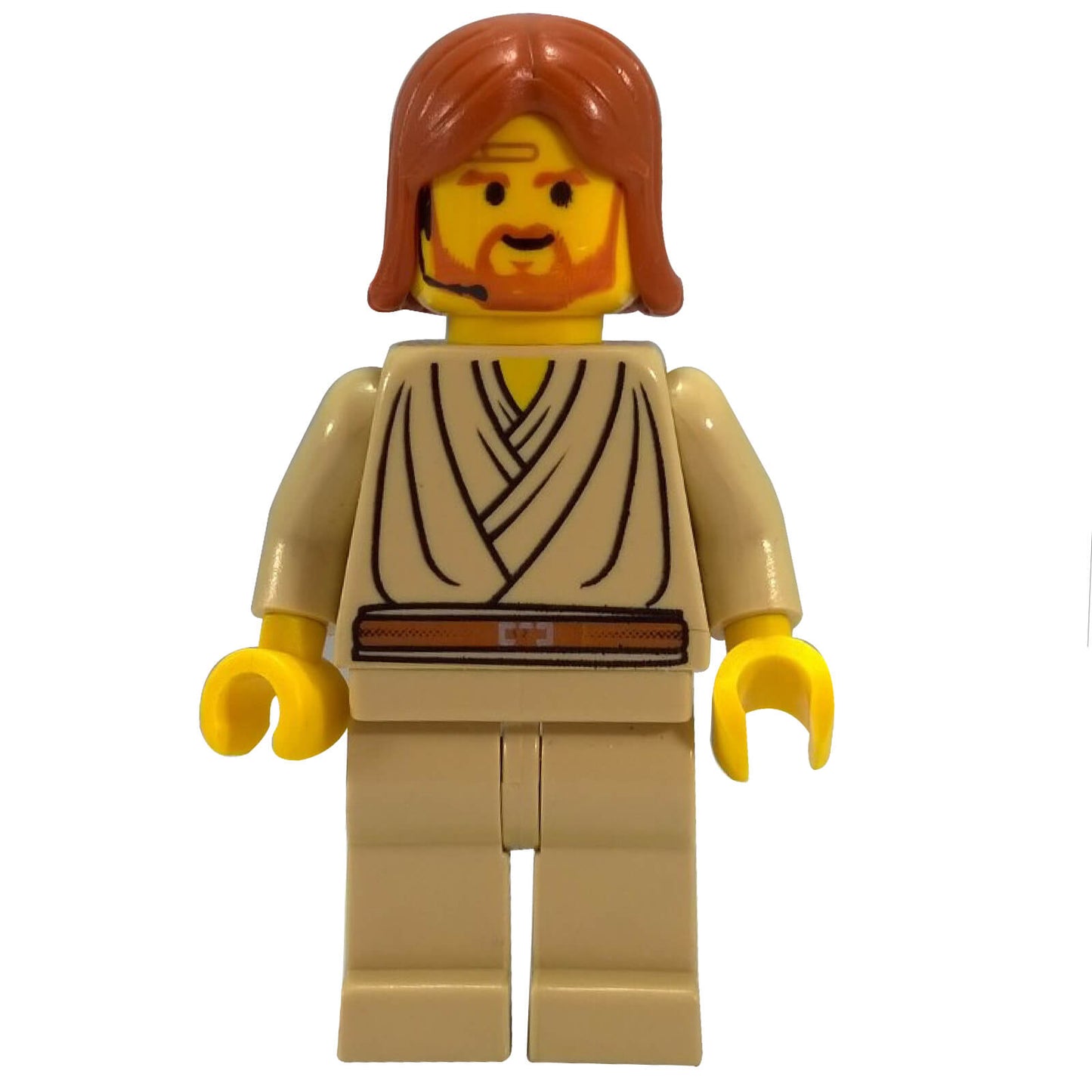Minifigura vintage de LEGO Star Wars Obi-Wan Kenobi con piel amarilla clásica, auricular impreso y largo cabello castaño rojizo.
