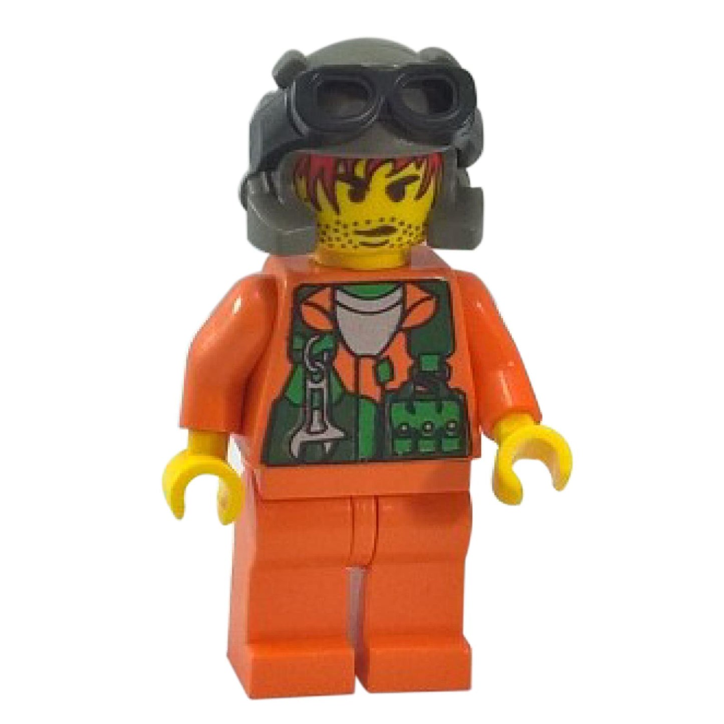 Sparks minifigure with orange outfit, green vest print and black goggles helmet