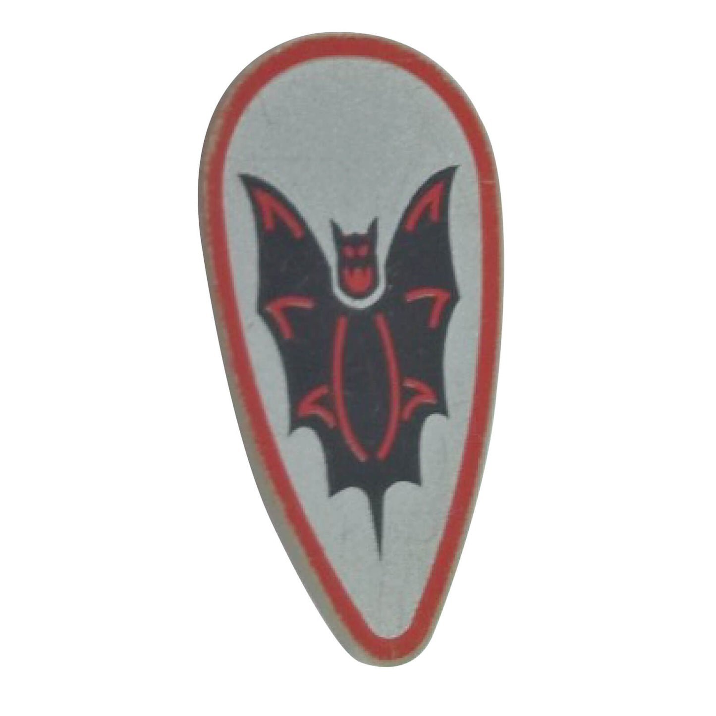 LEGO® ovoid shield with a black and red bat pattern, part 2586p4f.