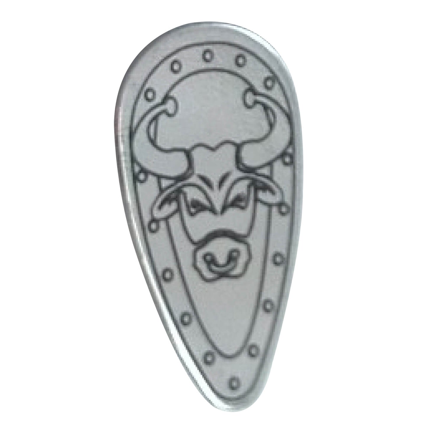 LEGO® ovoid shield with a black outlined bull head on a chrome silver surface, part 2586px5.
