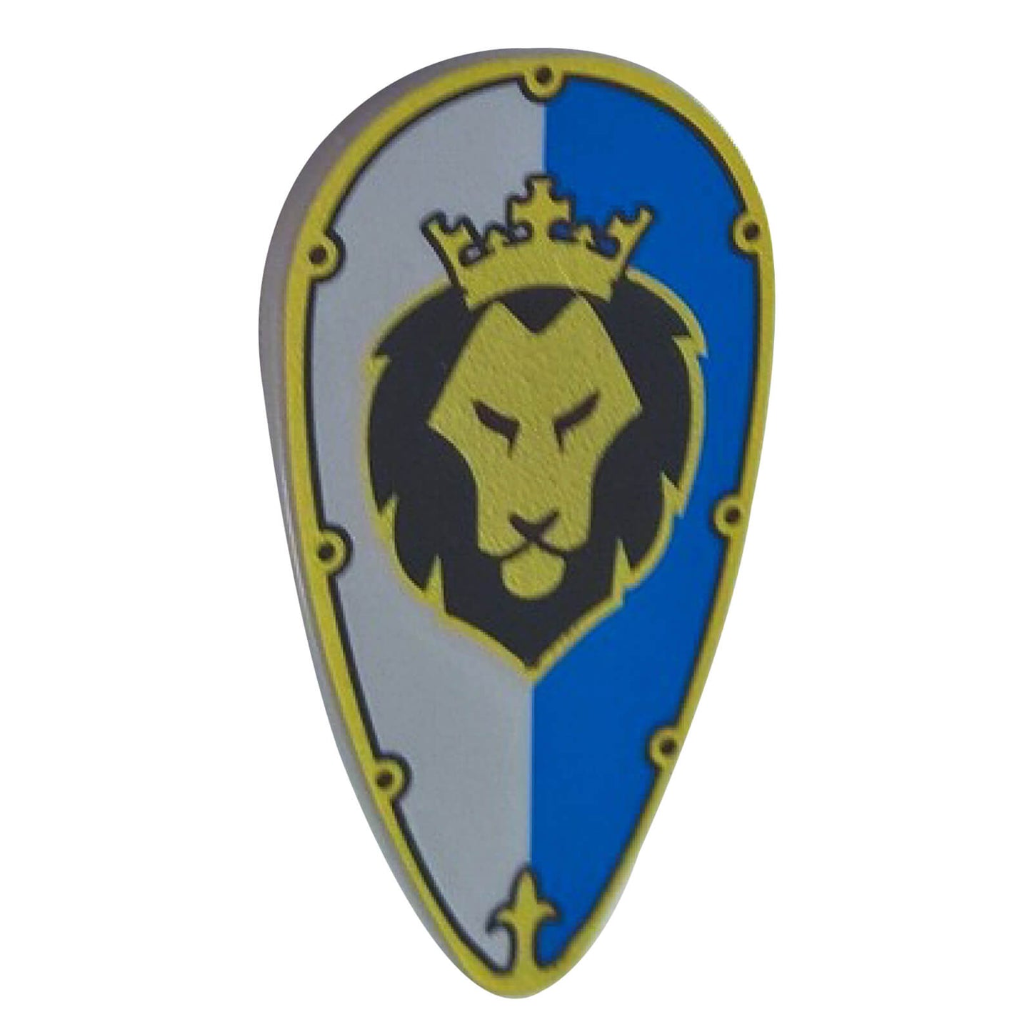 LEGO® ovoid shield with a lion head on a white and blue background, part 2586pb006.