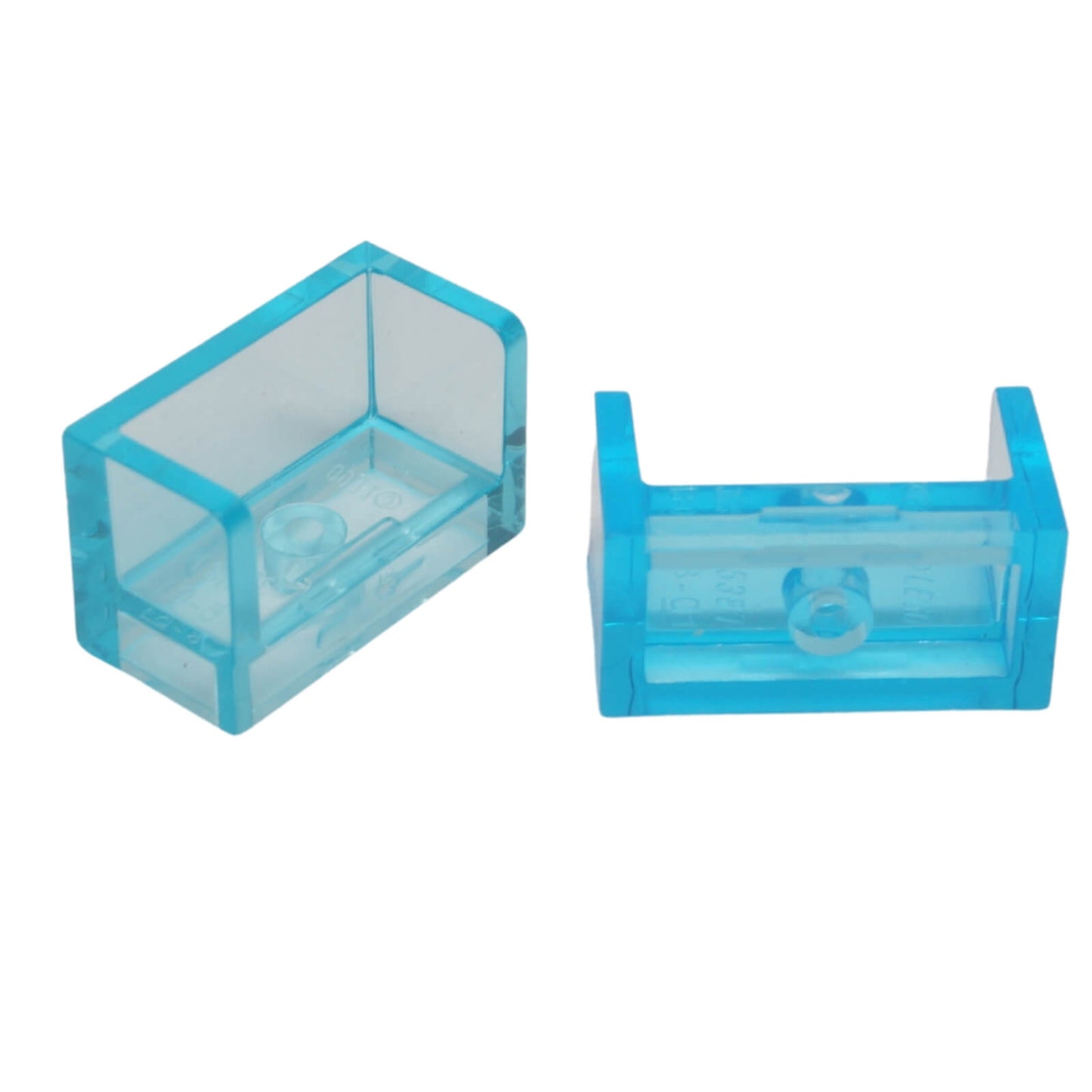 LEGO Panel 1 x 2 x 1 with Rounded Corners part 23969 shown front and underside trans-light blue