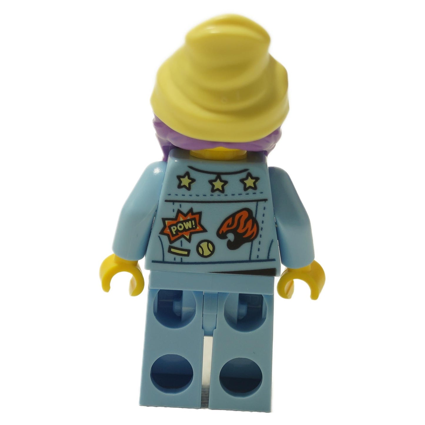 Parker L. Jackson minifigure back view showing denim jacket back print with stars, icons, and light blue legs