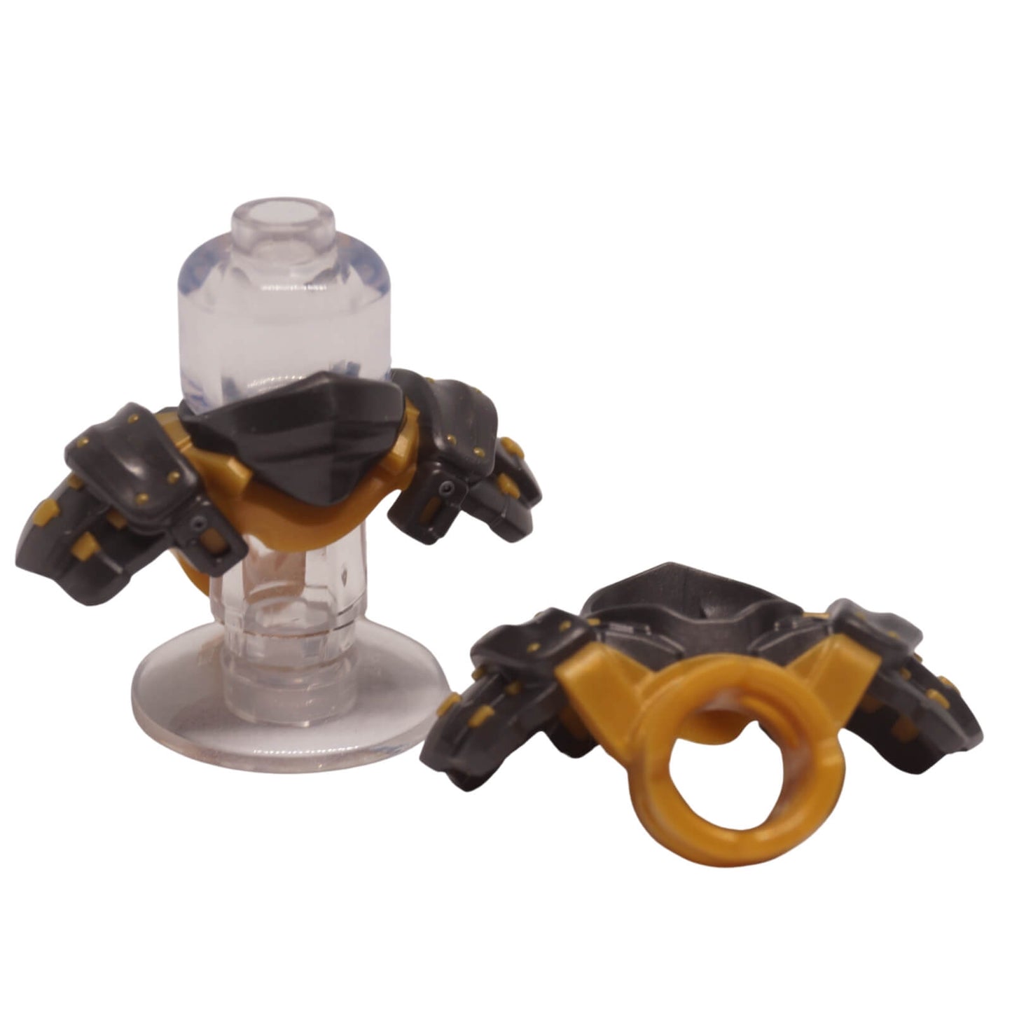 Pearl dark gray shoulder armor piece with dual katana sword scabbards for minifigure back attachment