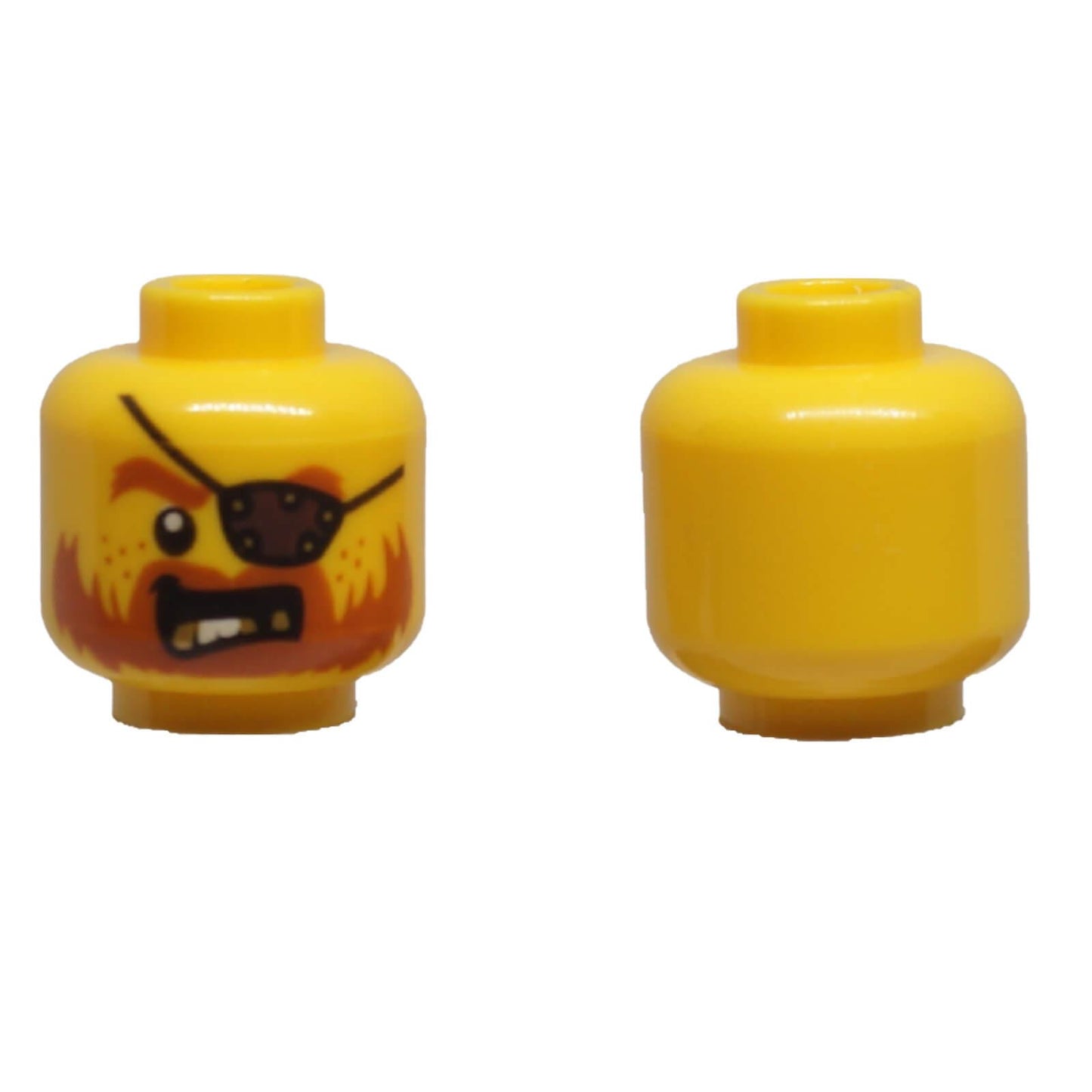 Front and rear view of LEGO® minifigure head 3626pb1304 with dark orange beard and black eyepatch