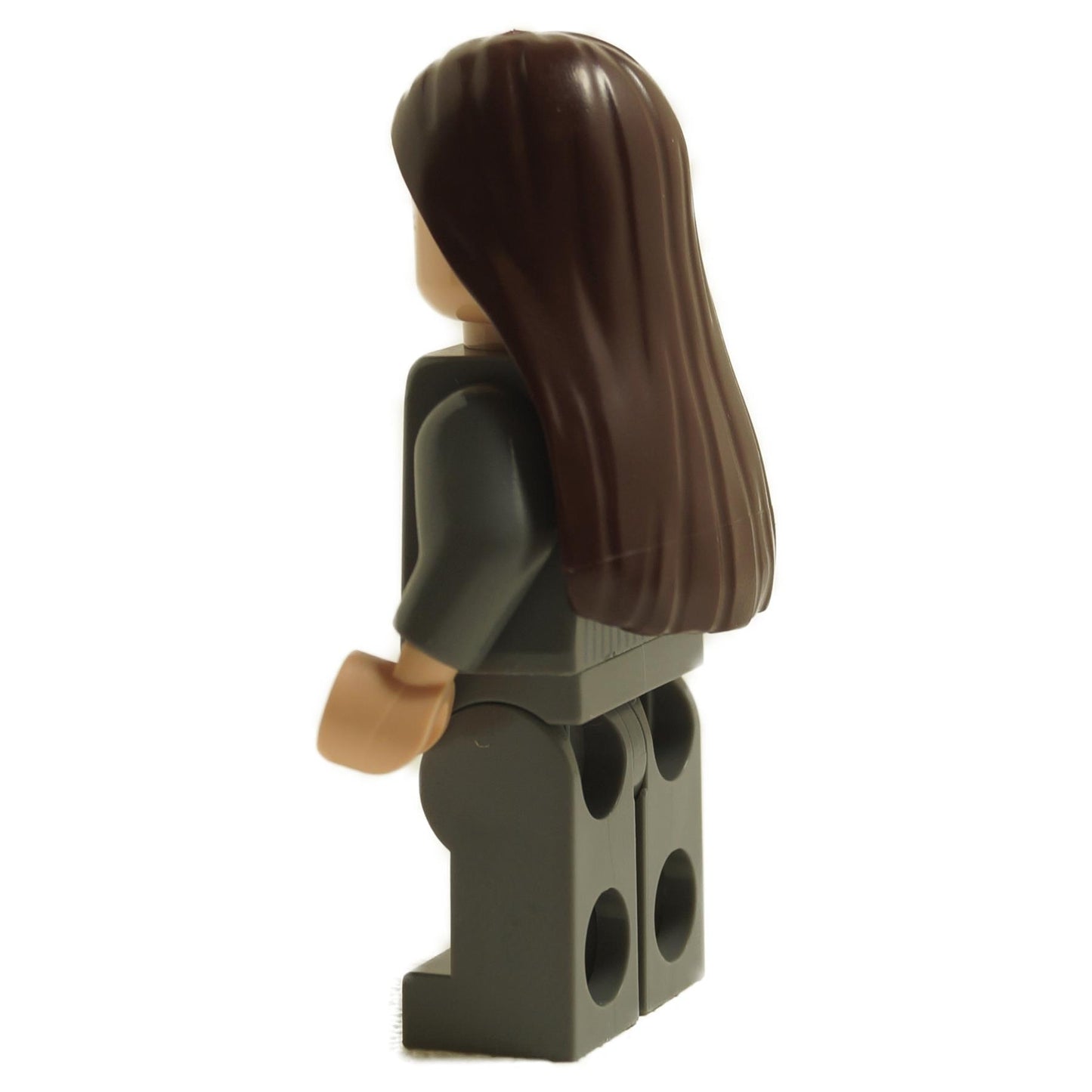 Side back view of LEGO Pius Thicknesse minifigure hp358 showing long brown hair and dark grey suit