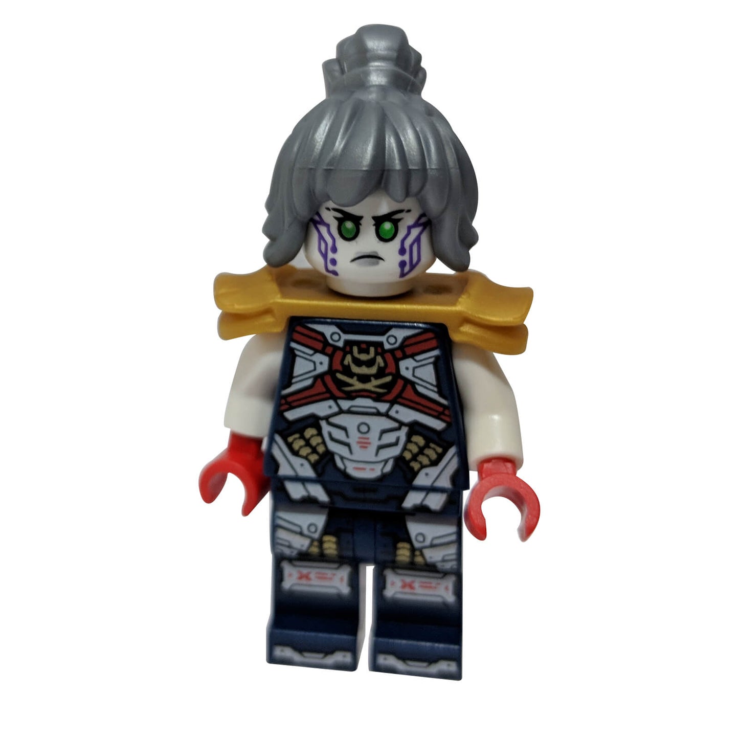LEGO NINJAGO P.I.X.A.L. EVO minifigure with silver hair, dark blue armor suit and gold shoulder armor
