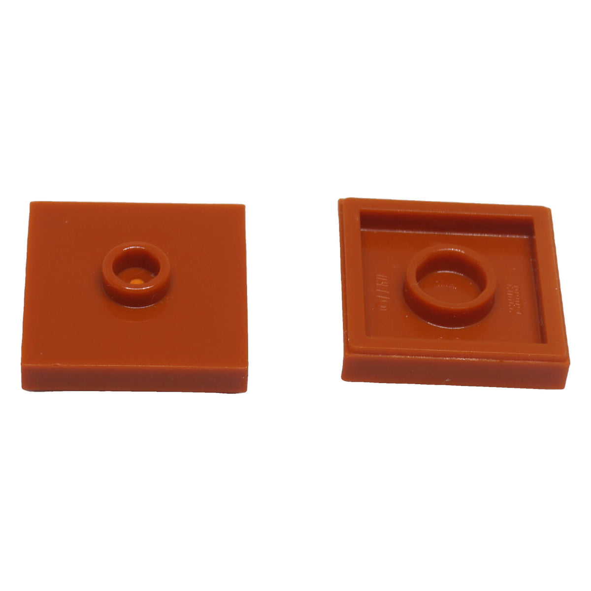 Dark Orange LEGO Plate Modified 2 x 2 with Groove and 1 Stud in Center part 87580 shown from top and underside