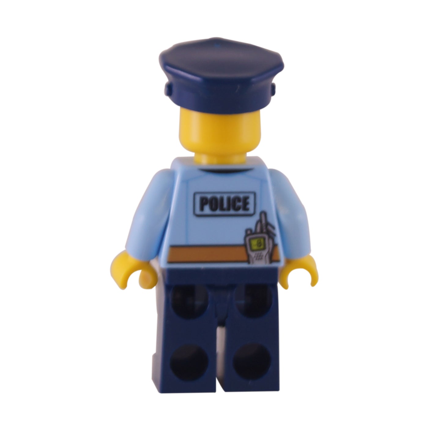 Back view of LEGO® City police officer minifigure cty0778 showing light blue uniform with POLICE print and radio on utility belt