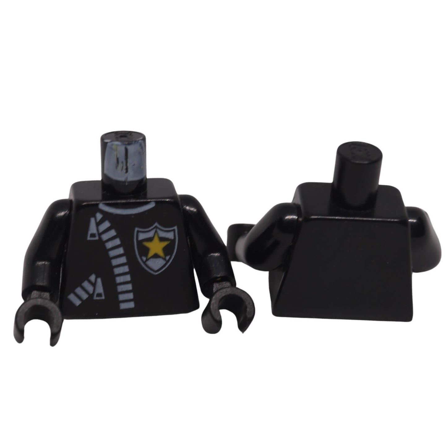 LEGO® police torso 973px9c01 shown front and back with leather jacket print, thick white zipper details and yellow star badge