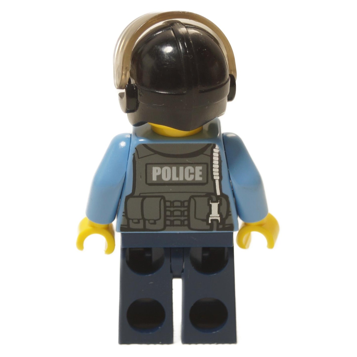 LEGO® City Undercover Elite Police Officer 3 minifigure back view with POLICE vest print and helmet close-up