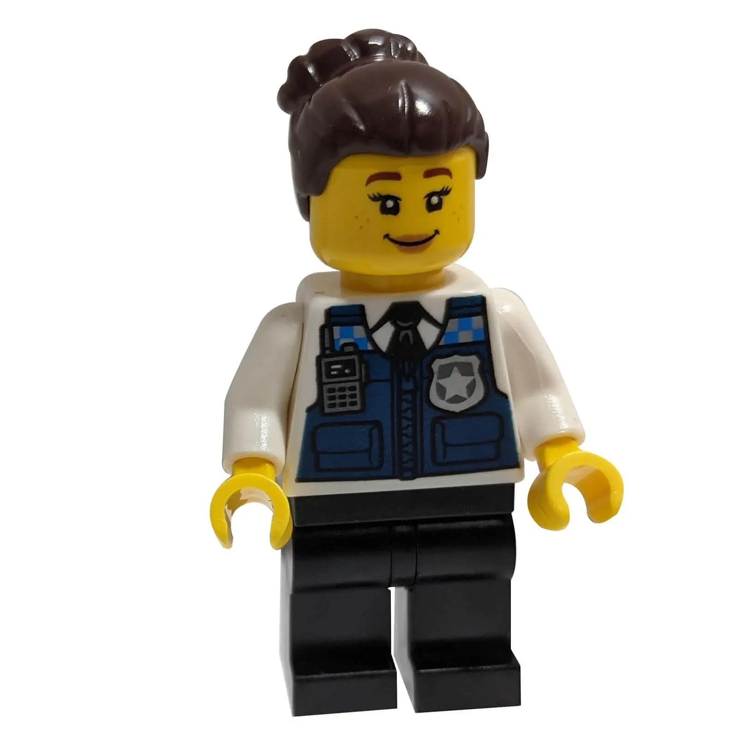 LEGO® City Police Officer Gracie Goodhart minifigure cty1365 wearing dark blue vest with badge and radio print close-up view