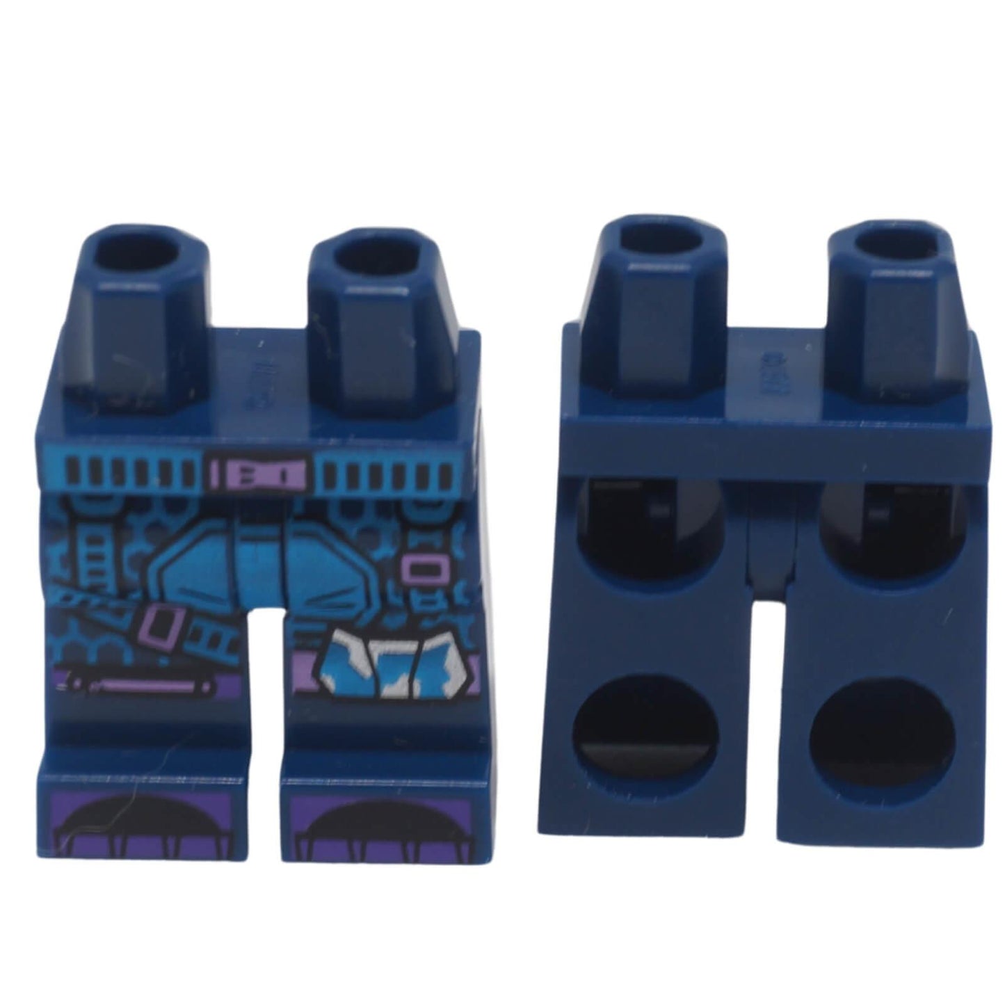LEGO® printed minifigure hips and legs 970c00pb1699 with utility belt, mesh and strap pattern shown from front and back