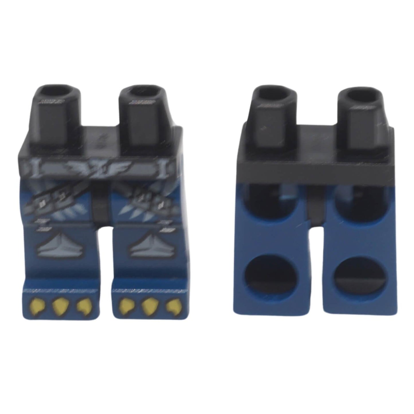 LEGO® printed minifigure hips and dark blue legs 970c63pb04 with grey strap armour and yellow talon pattern shown from front and back