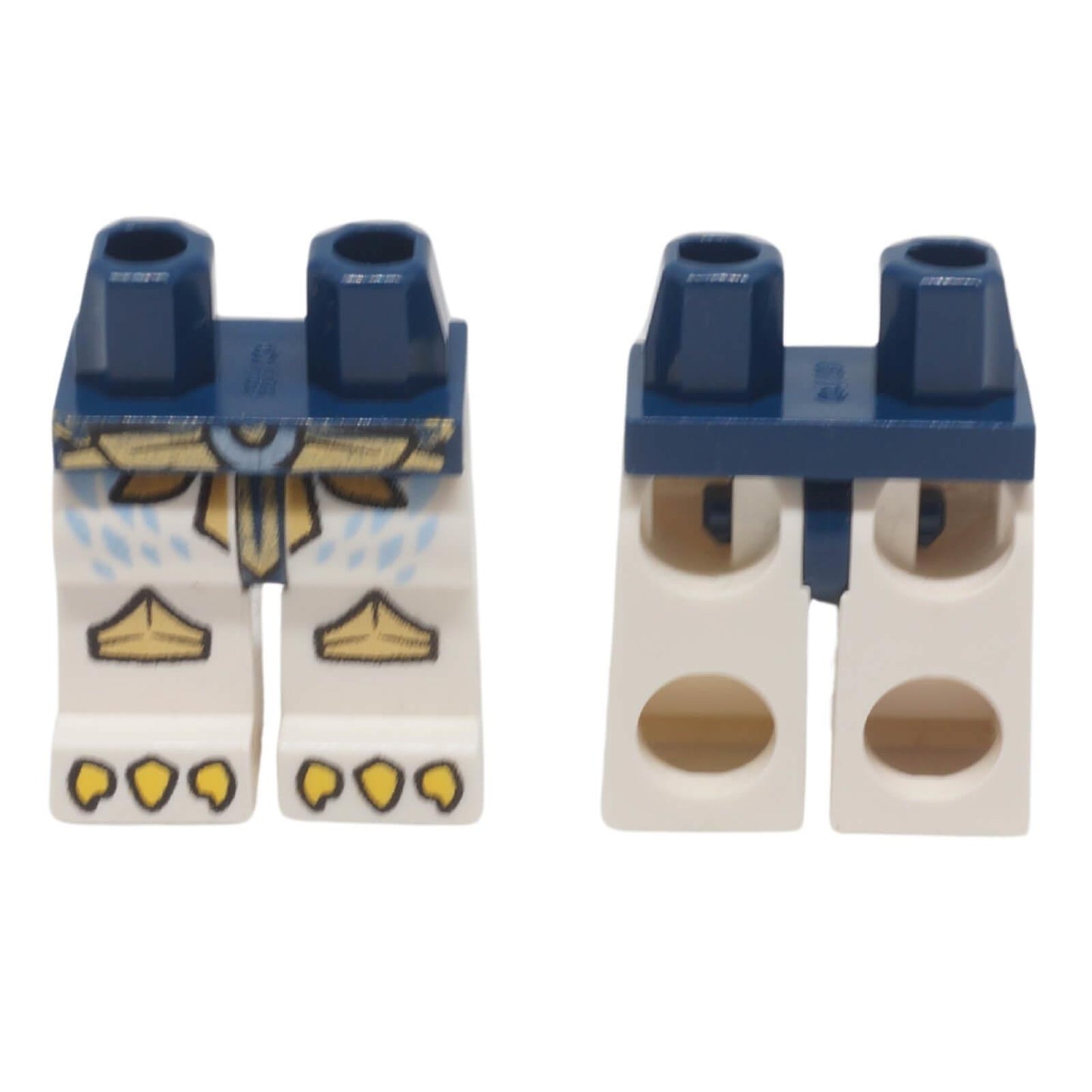 LEGO® printed minifigure hips and white legs 970c01pb15 with gold armour, feather-inspired details and talon pattern shown from front and back