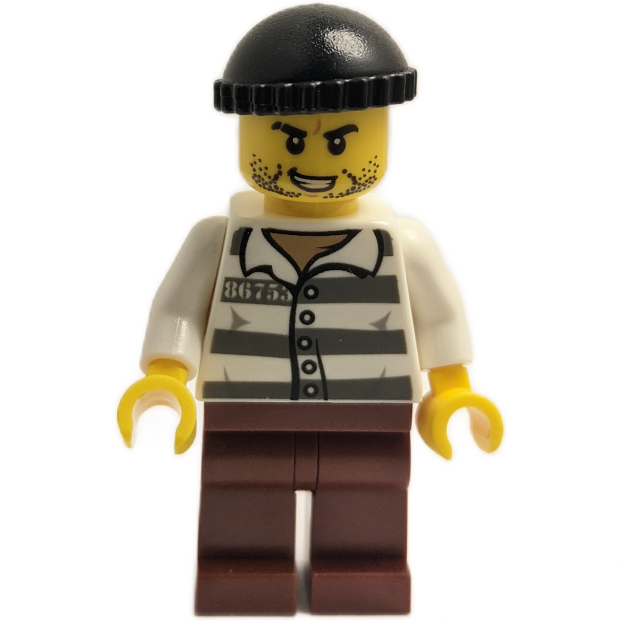 LEGO Jail Prisoner cty1156 with stripes, black cap, and stubble.