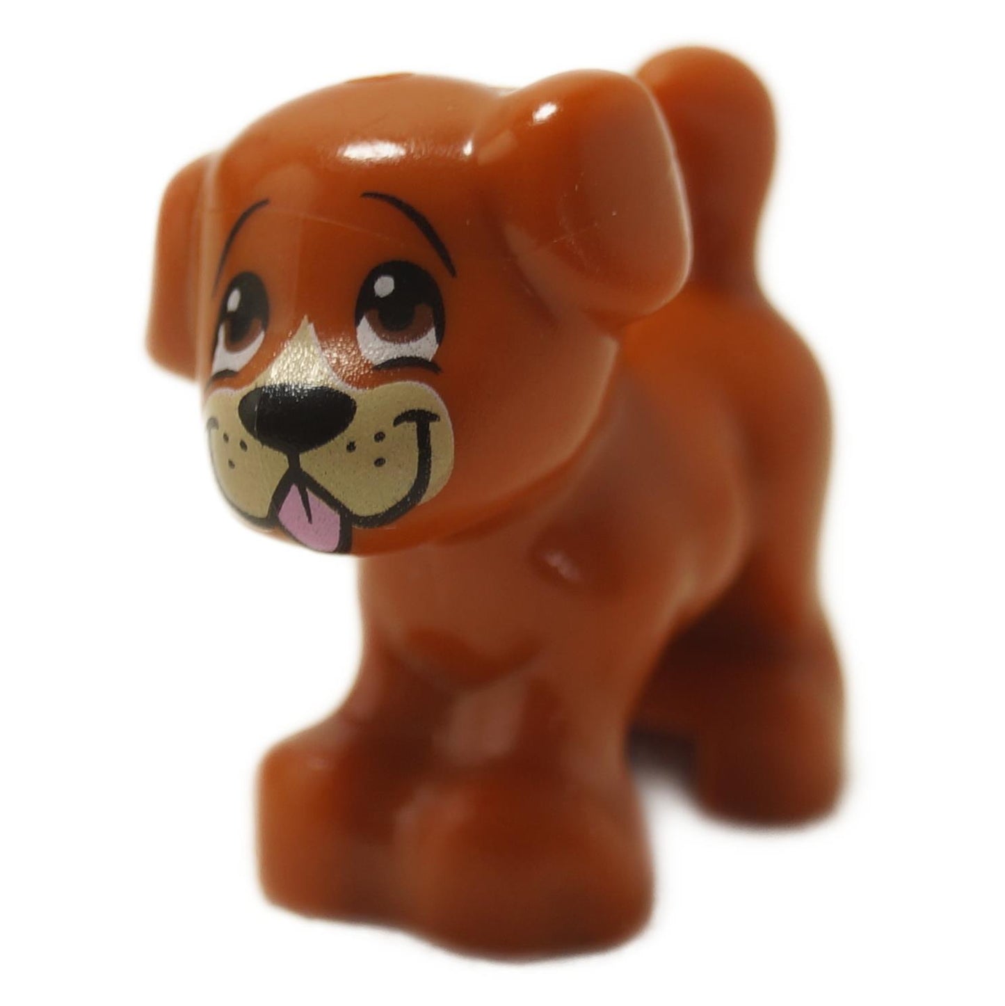Dark orange puppy figure front view with brown eyes, smiling face, and pink tongue