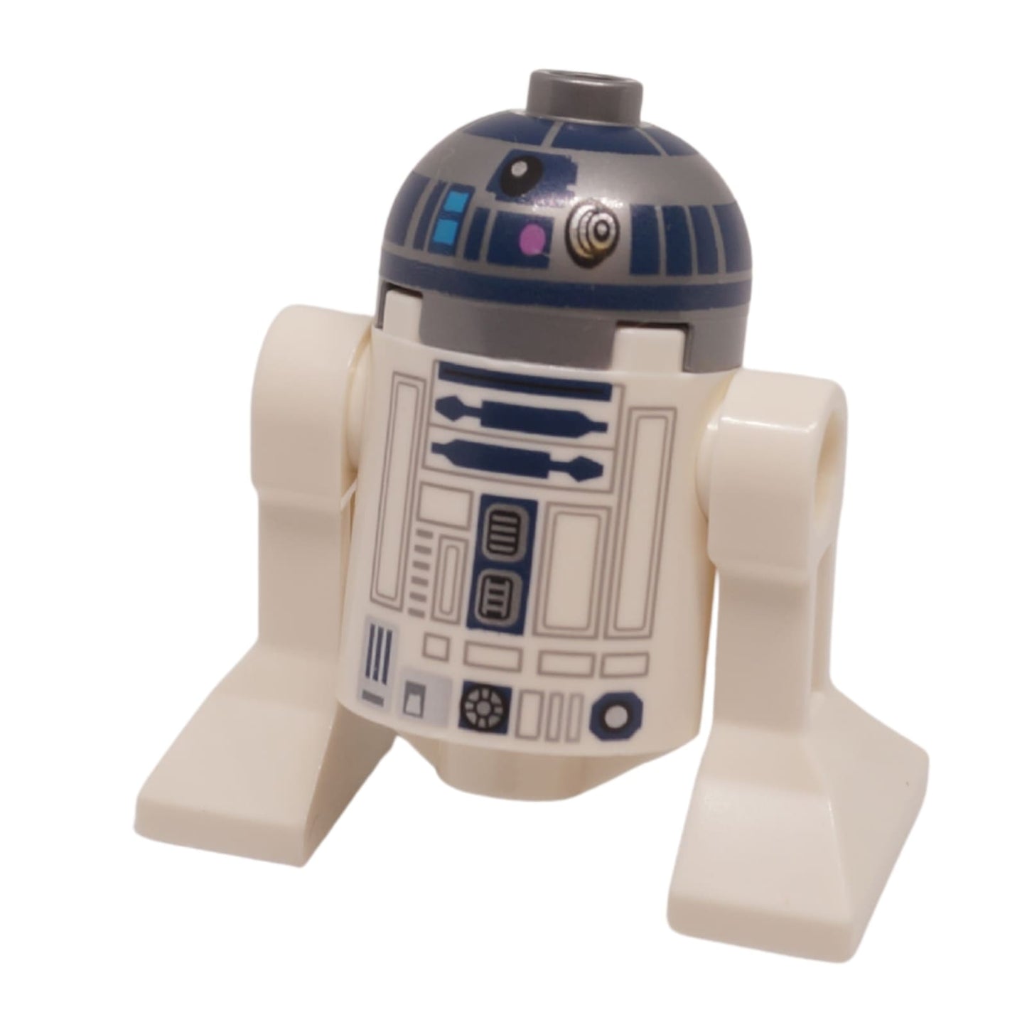 R2-D2 astromech droid minifigure front view with flat silver dome and blue panel details