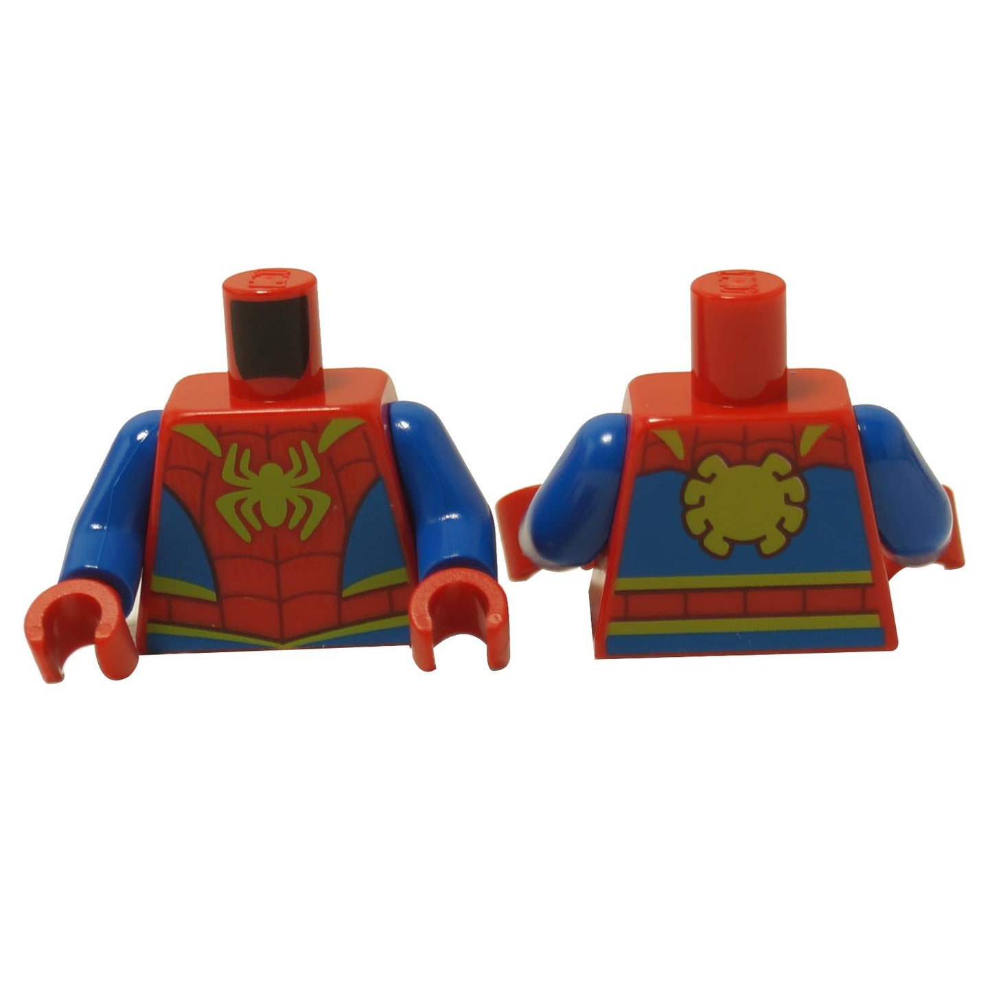 Red and blue minifigure torso with black spider emblem and web pattern print